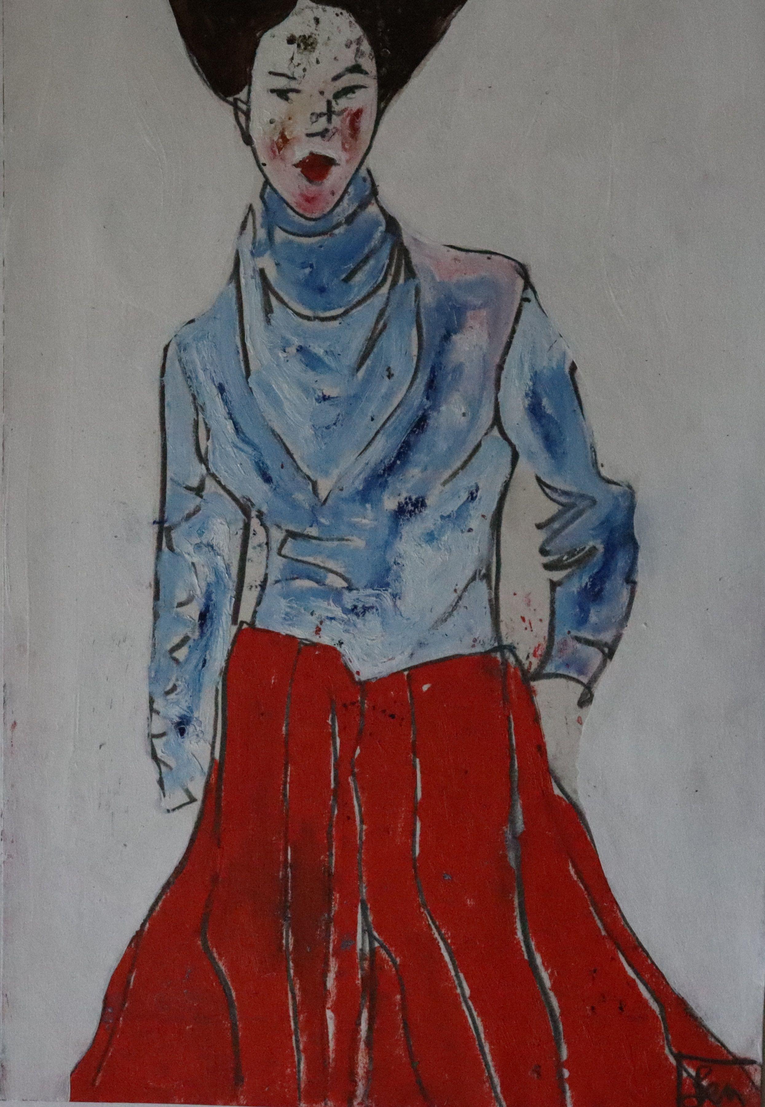 blue coat, Painting, Oil on Paper