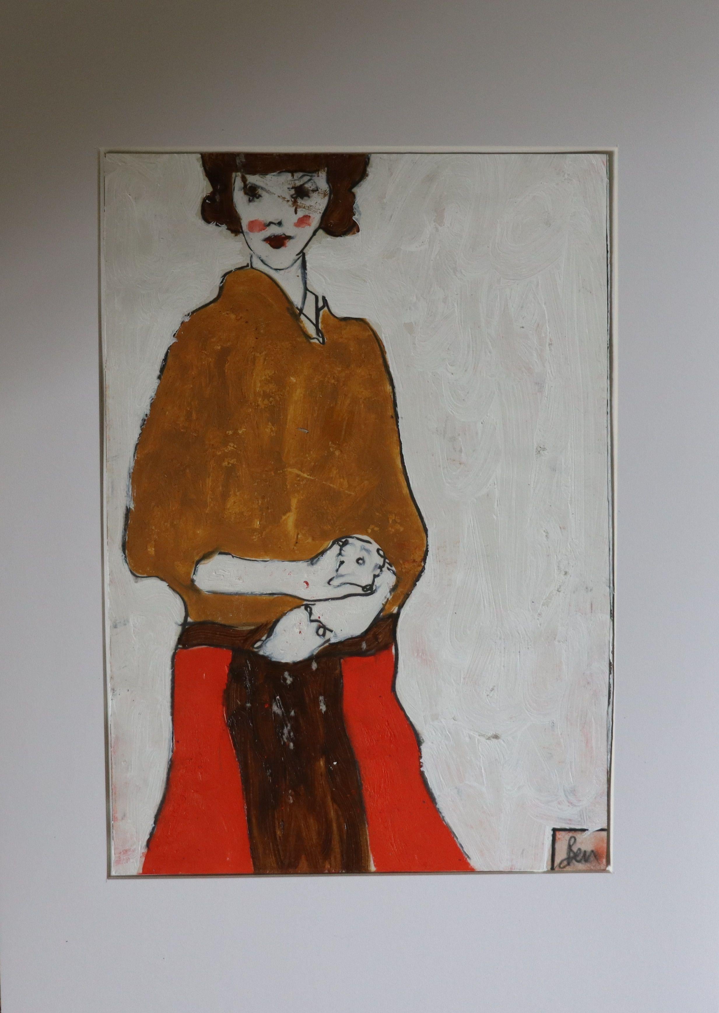brown coat and white, Painting, Oil on Paper For Sale 1