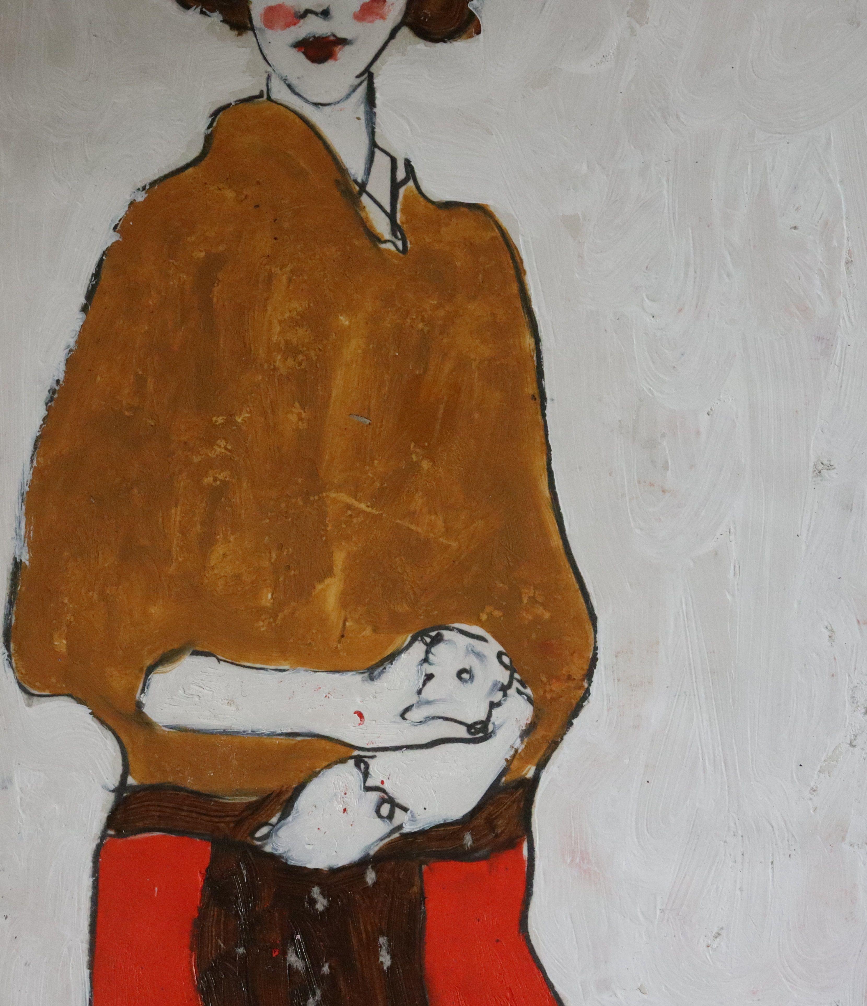 brown coat and white, Painting, Oil on Paper For Sale 2