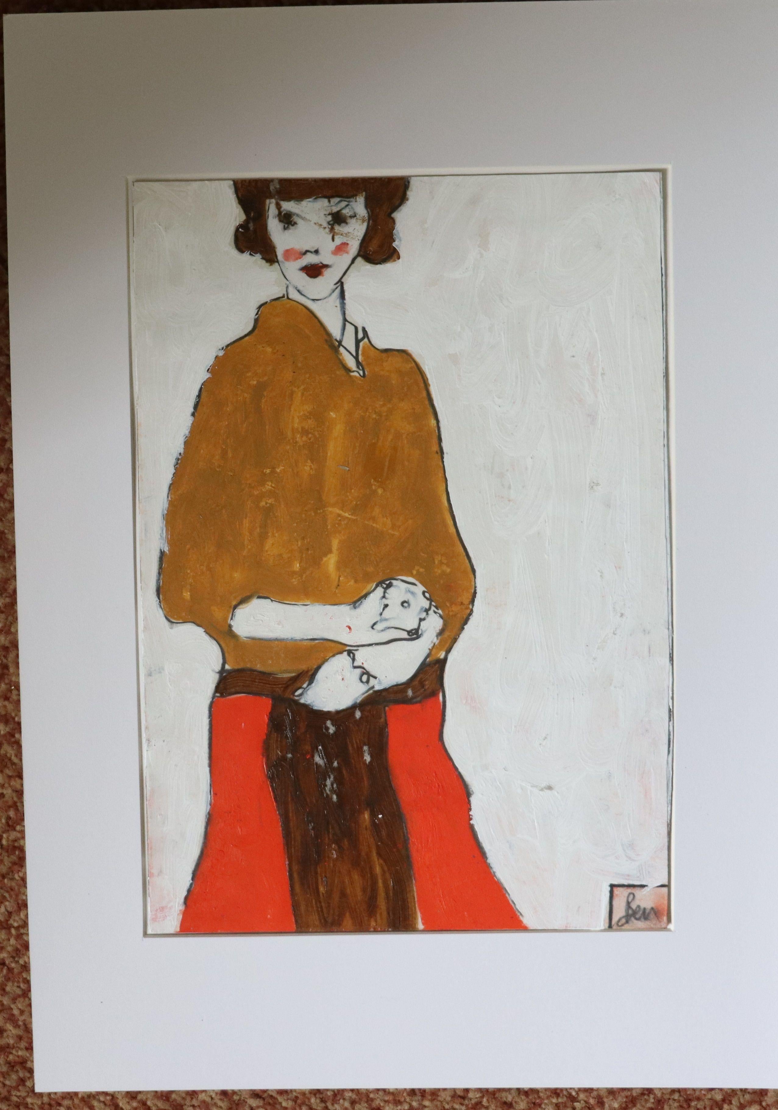 brown coat and white, Painting, Oil on Paper For Sale 3