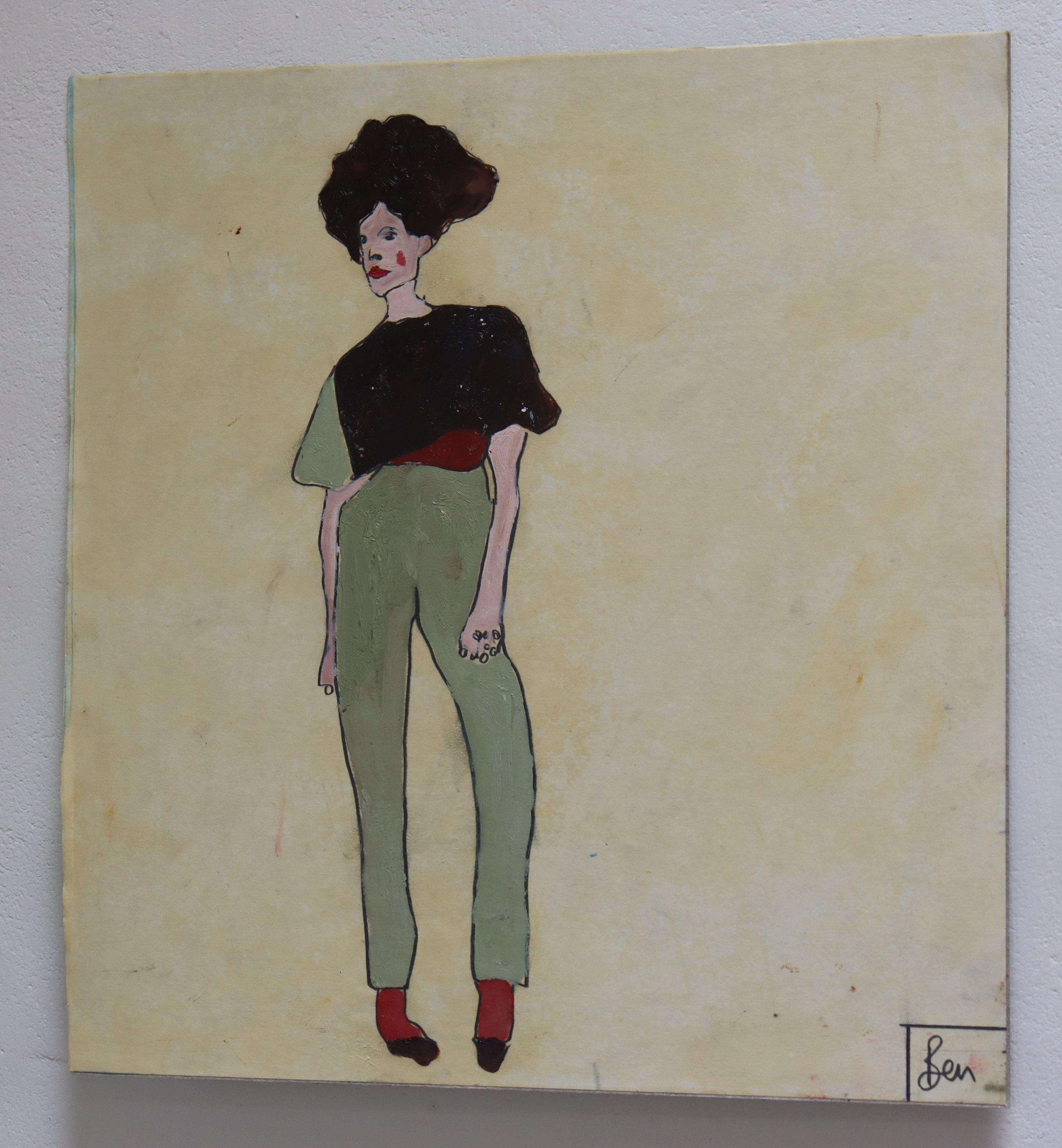 Pantaloni verdi, Pittura, Olio su carta in vendita 1