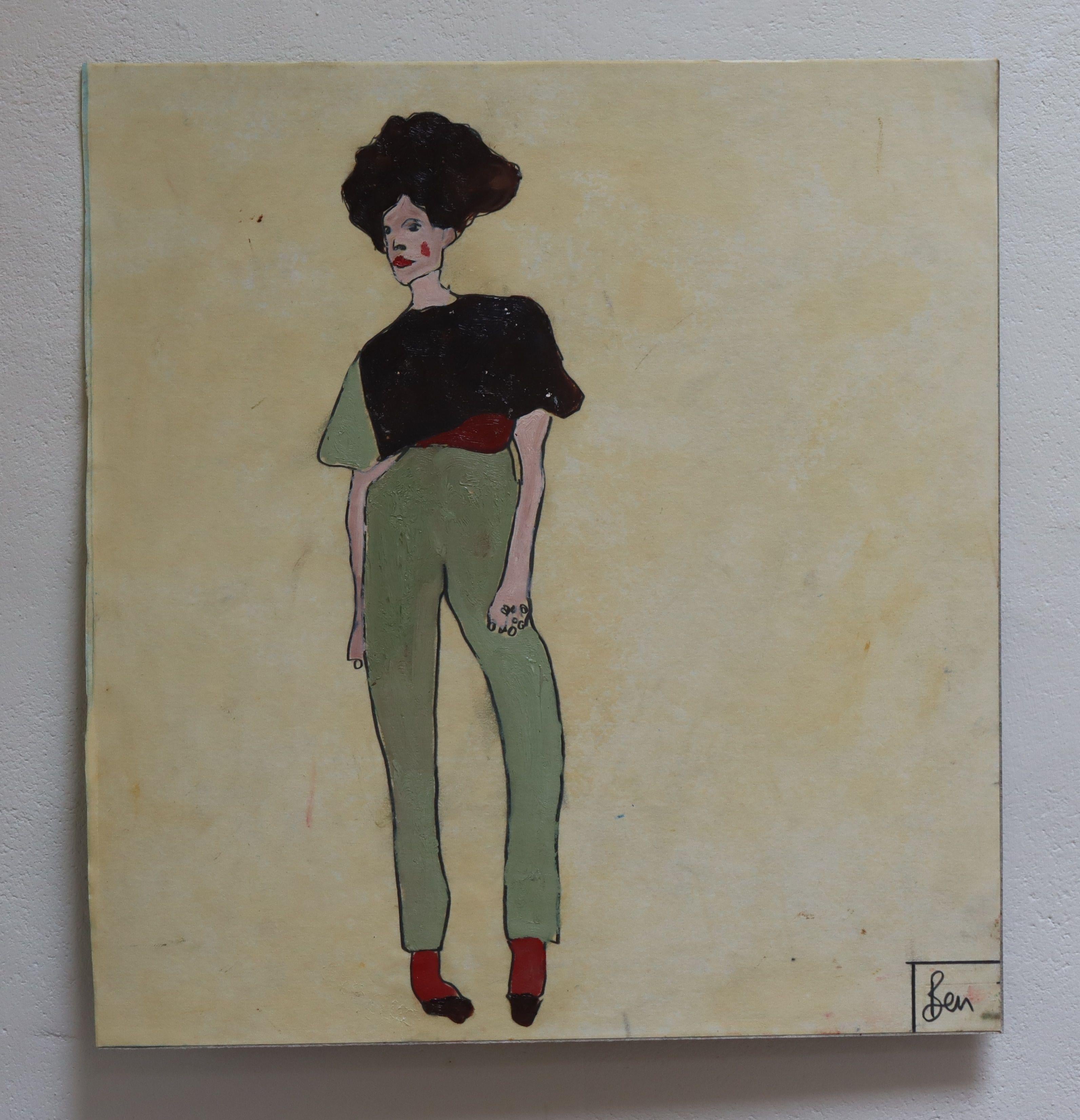 Pantaloni verdi, Pittura, Olio su carta in vendita 2