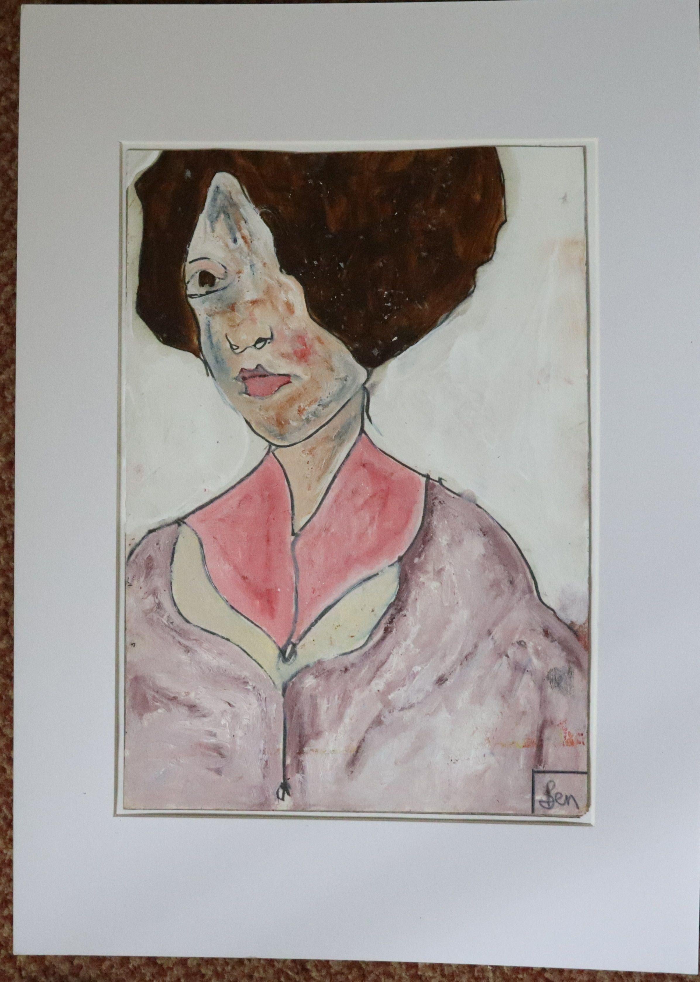 Leuchtend lila, Gemälde, Öl auf Papier im Angebot 1