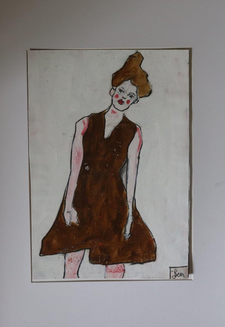 long brown dress, Painting, Oil on Paper For Sale 1