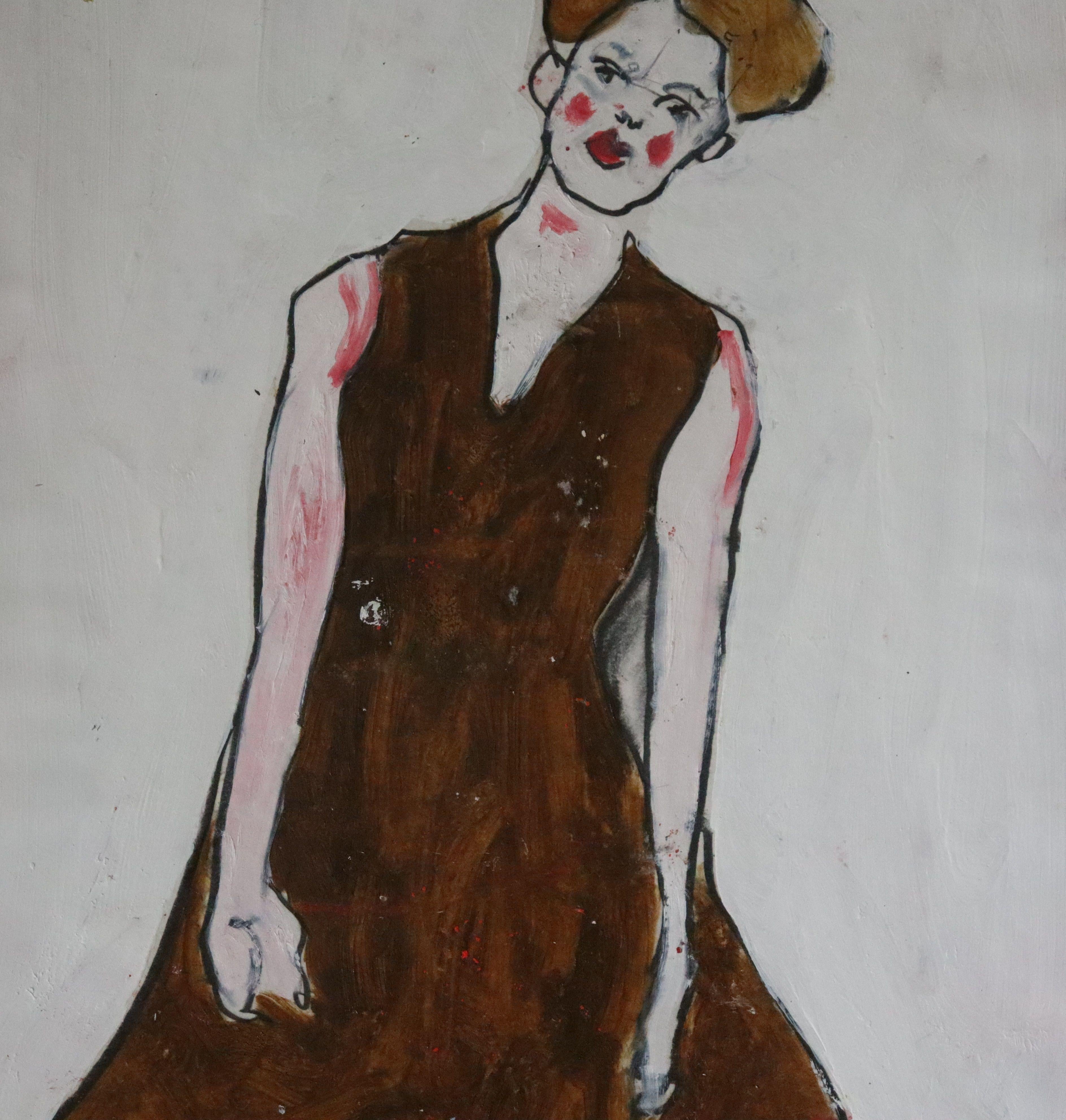 long brown dress, Painting, Oil on Paper For Sale 1