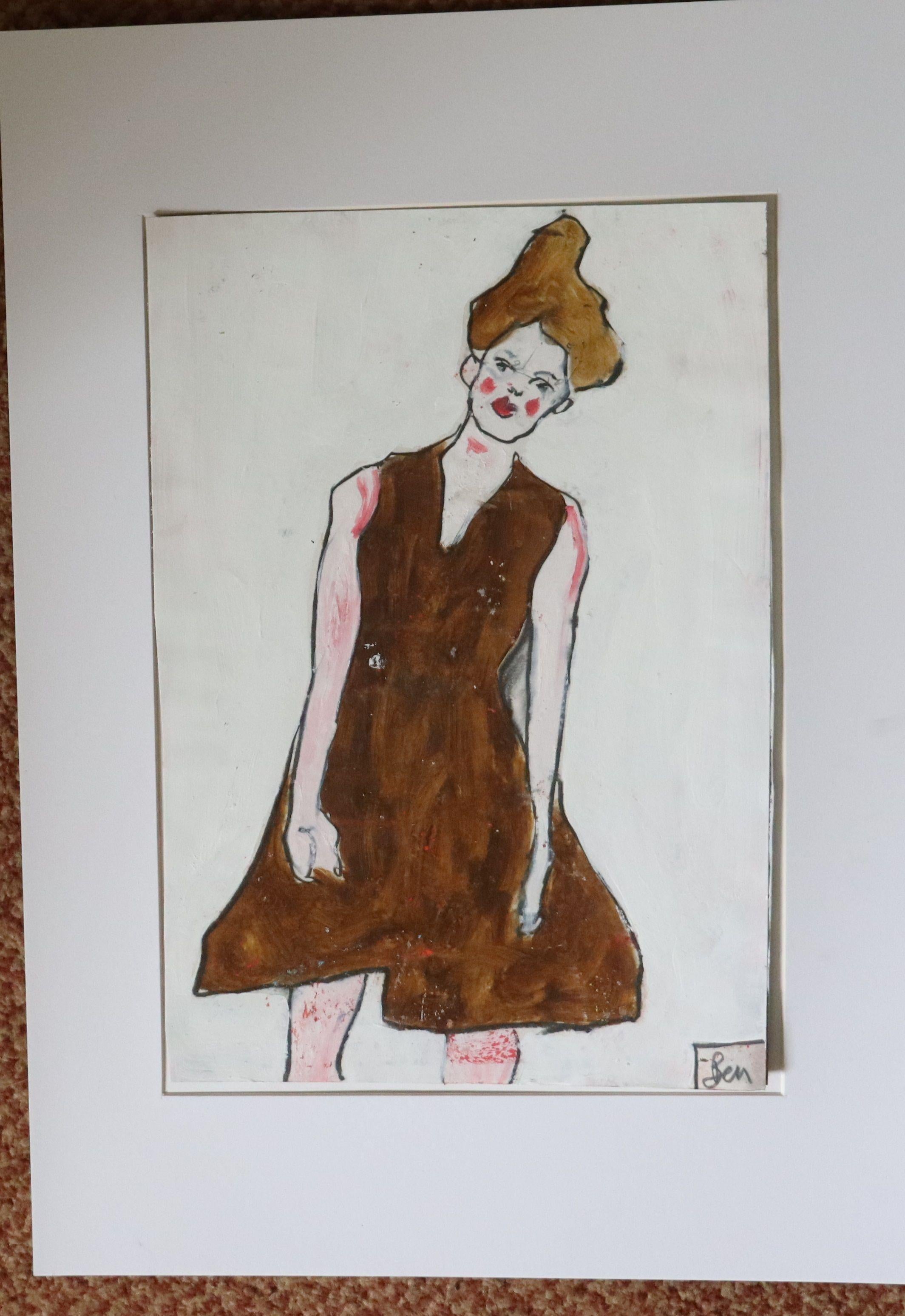 langes braunes Kleid, Gemälde, Öl auf Papier im Angebot 1