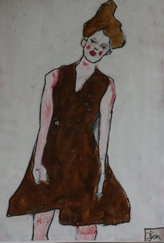 long brown dress, Painting, Oil on Paper