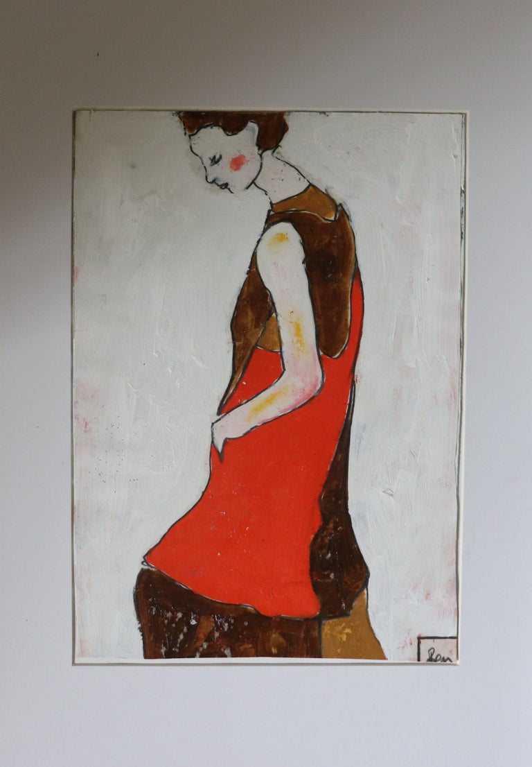 long red and brown dress, Painting, Oil on Paper For Sale 1