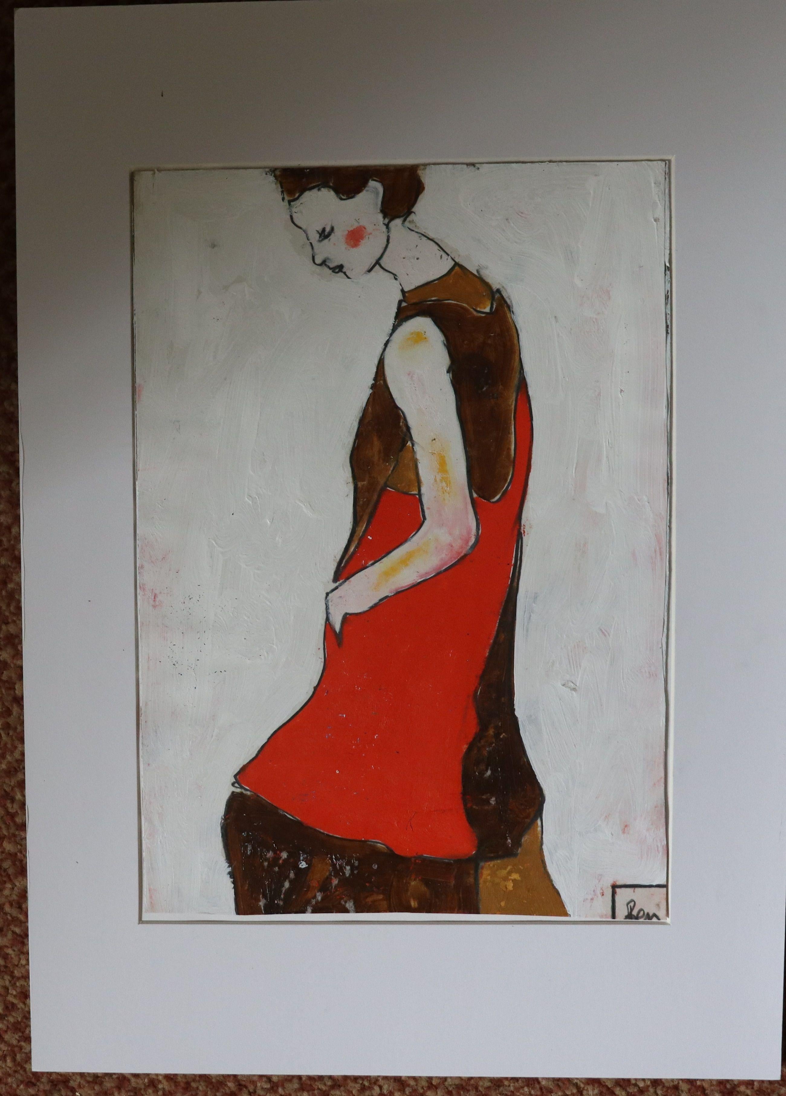 Vestido largo rojo y marrón, Pintura, Óleo sobre papel en venta 1