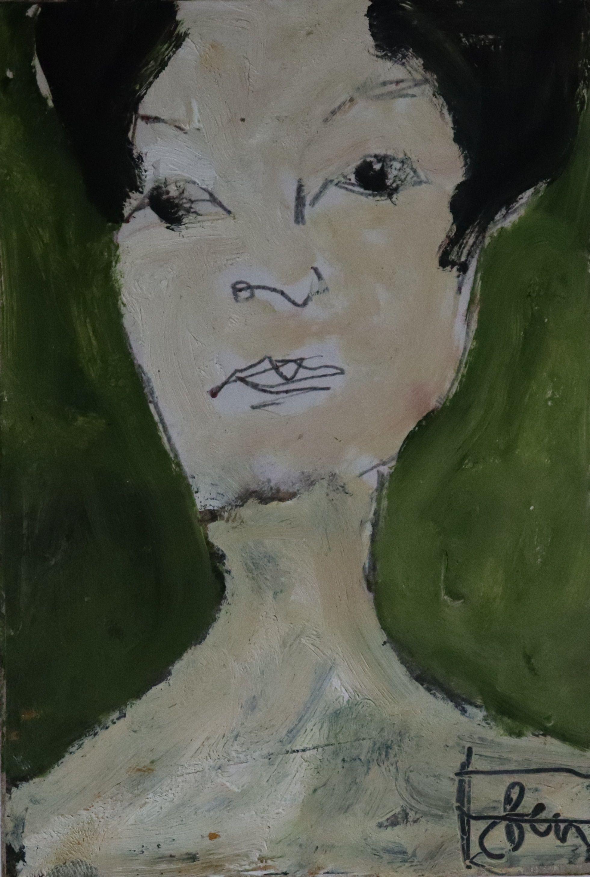 portrait green, Painting, Oil on Paper