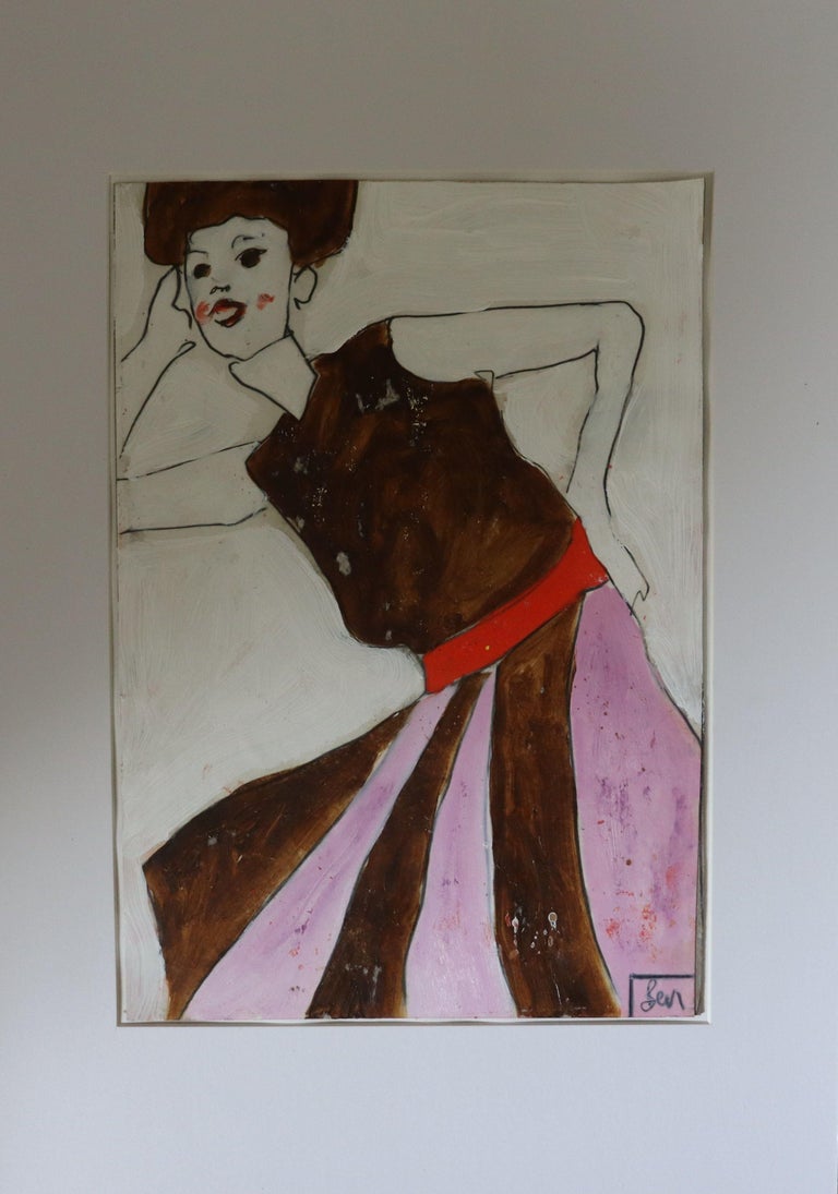 purple brown dress, Painting, Oil on Paper For Sale 1