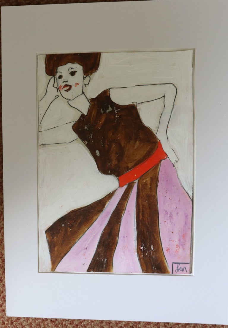 purple brown dress, Painting, Oil on Paper For Sale 3