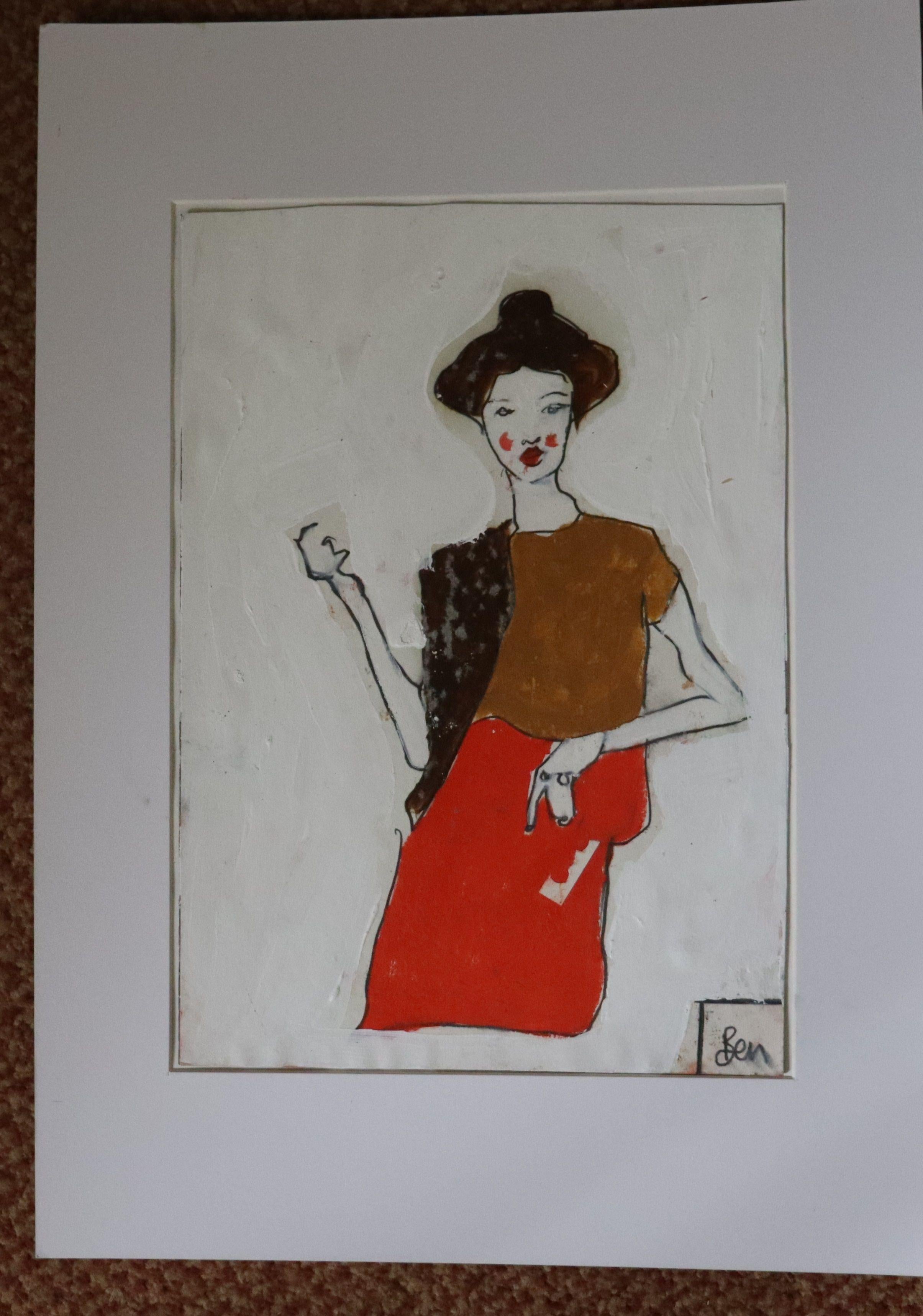 guance rosse capelli castani, Pittura, Olio su carta in vendita 1