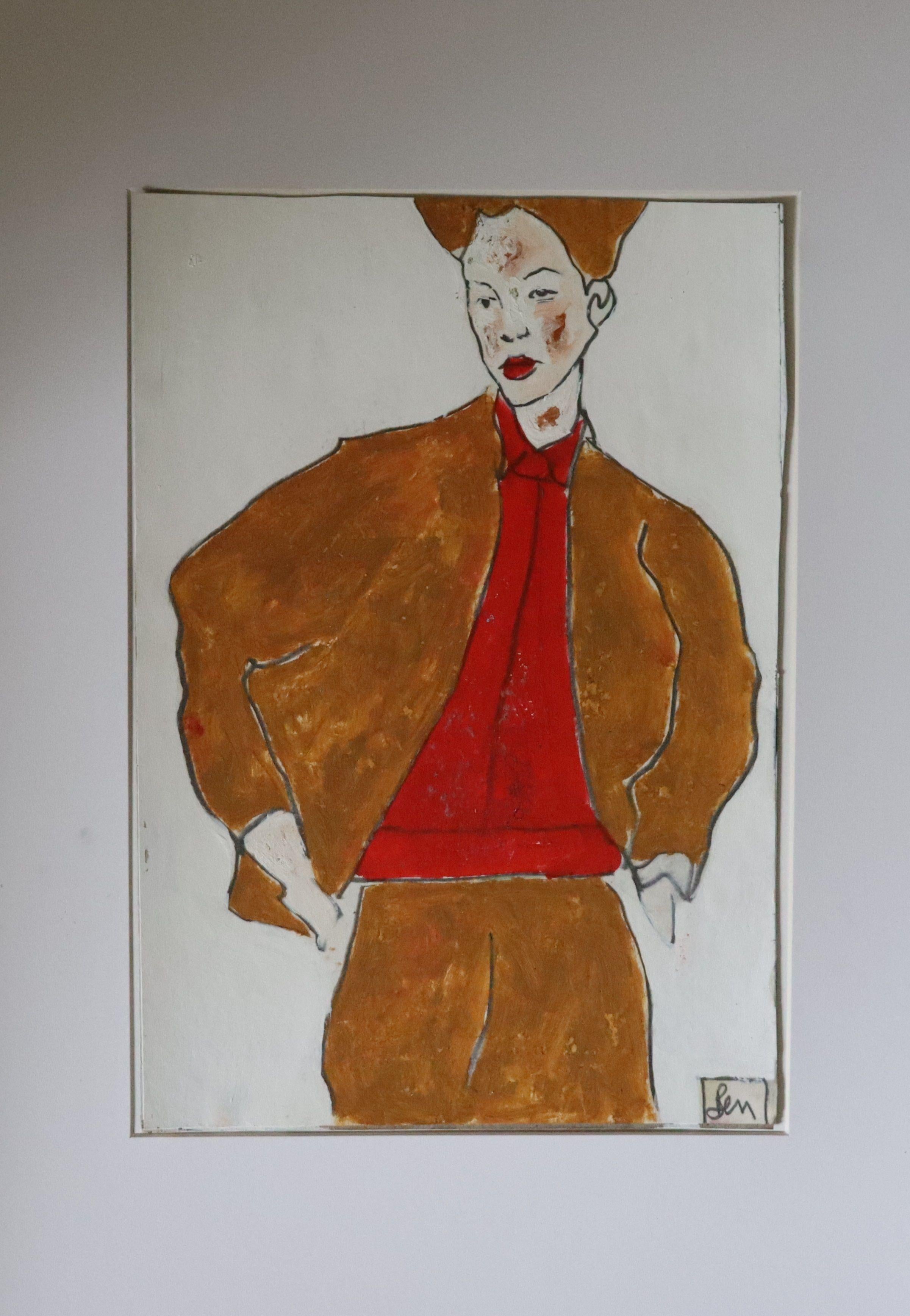 red shirt, Painting, Oil on Paper For Sale 1
