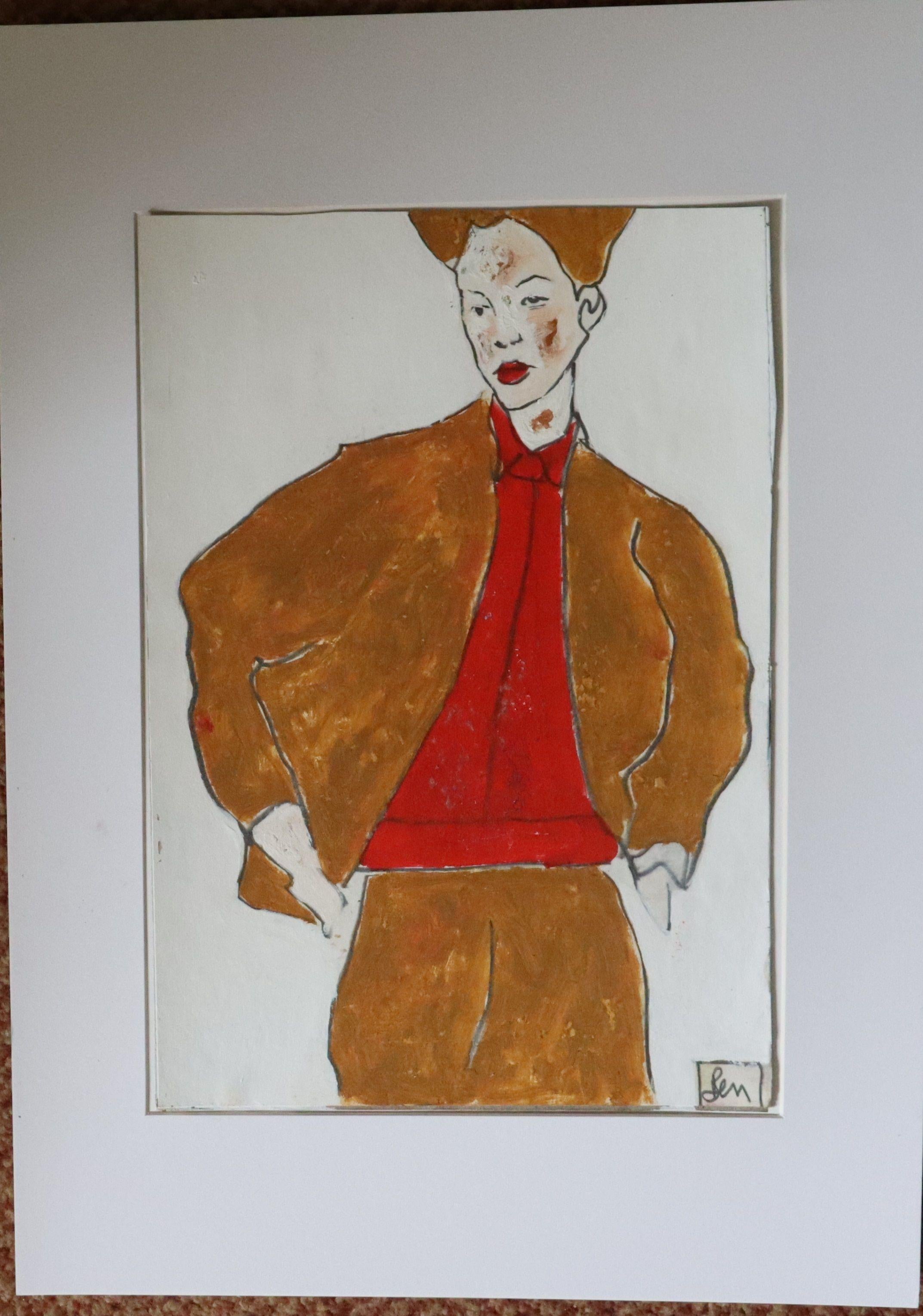 red shirt, Painting, Oil on Paper For Sale 3