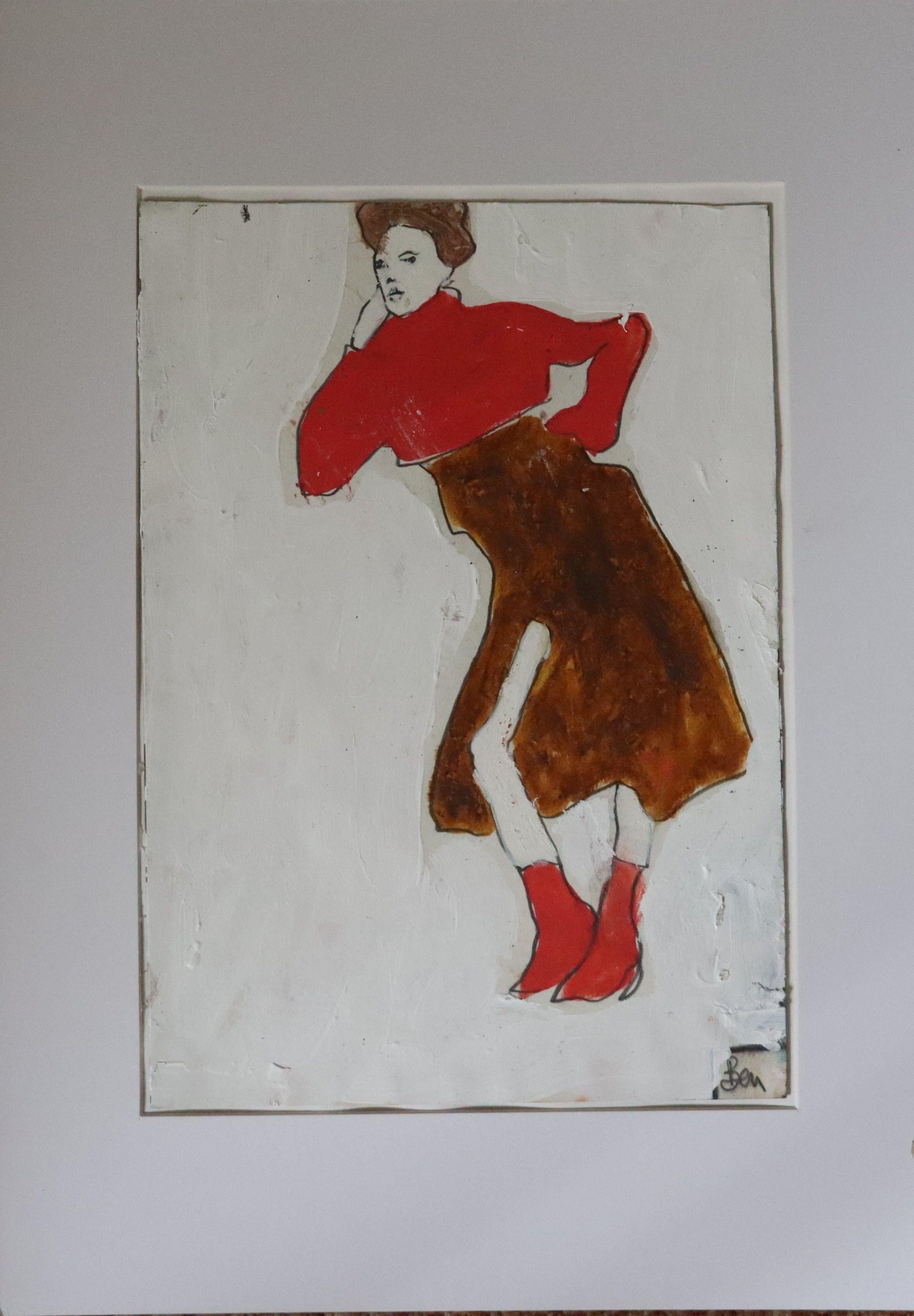 woman leaning red, Painting, Oil on Paper For Sale 1