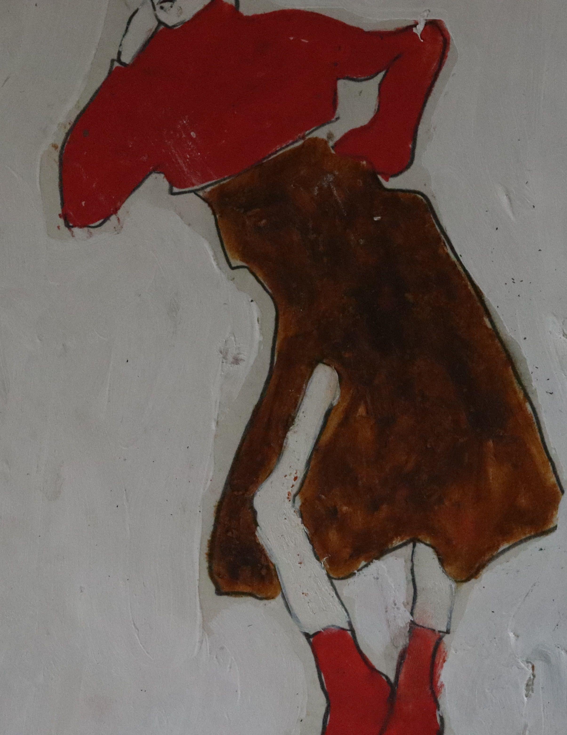 woman leaning red, Painting, Oil on Paper For Sale 2