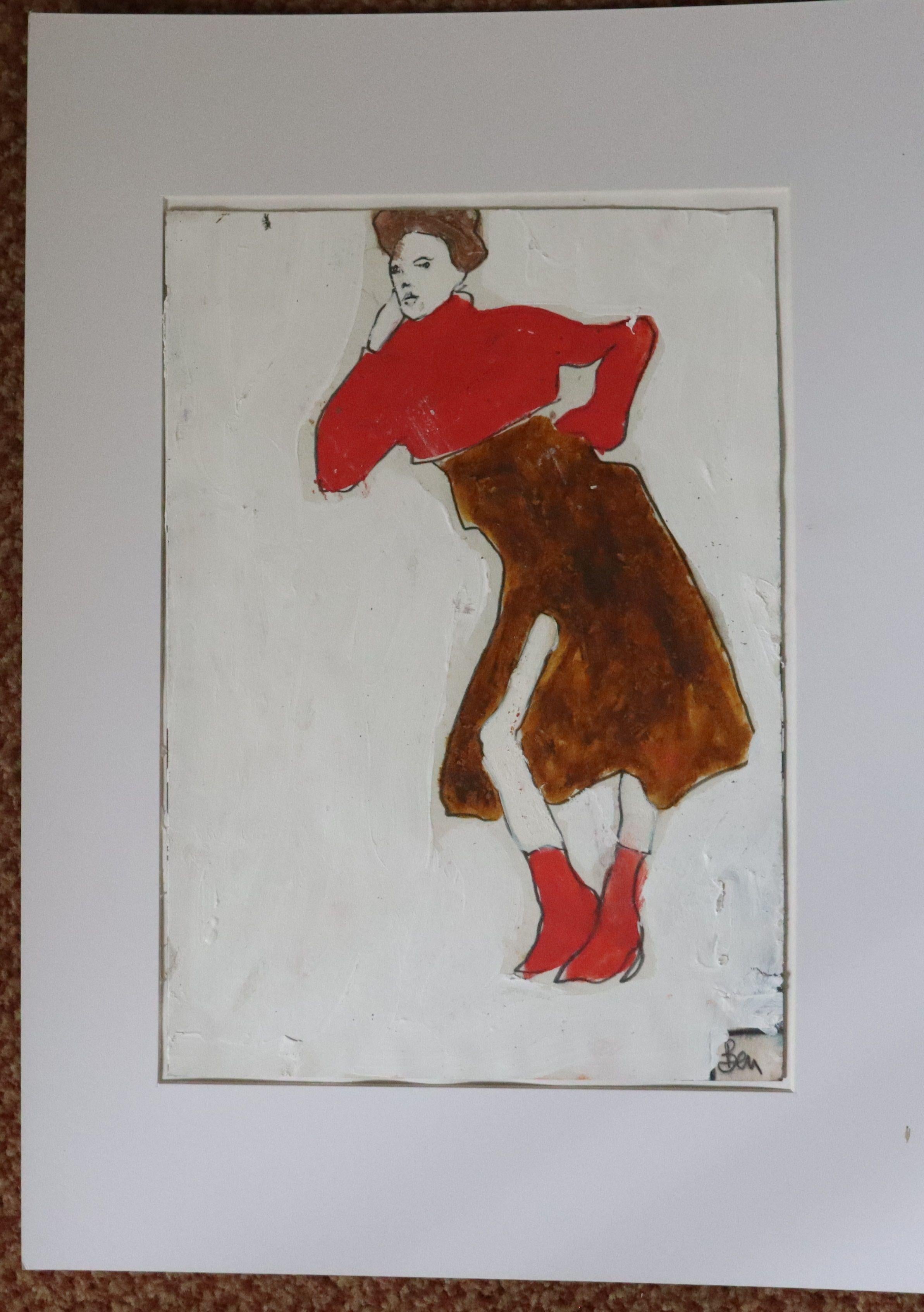 woman leaning red, Painting, Oil on Paper For Sale 3