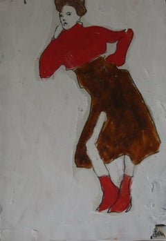 donna appoggiata al rosso, Pittura, Olio su carta