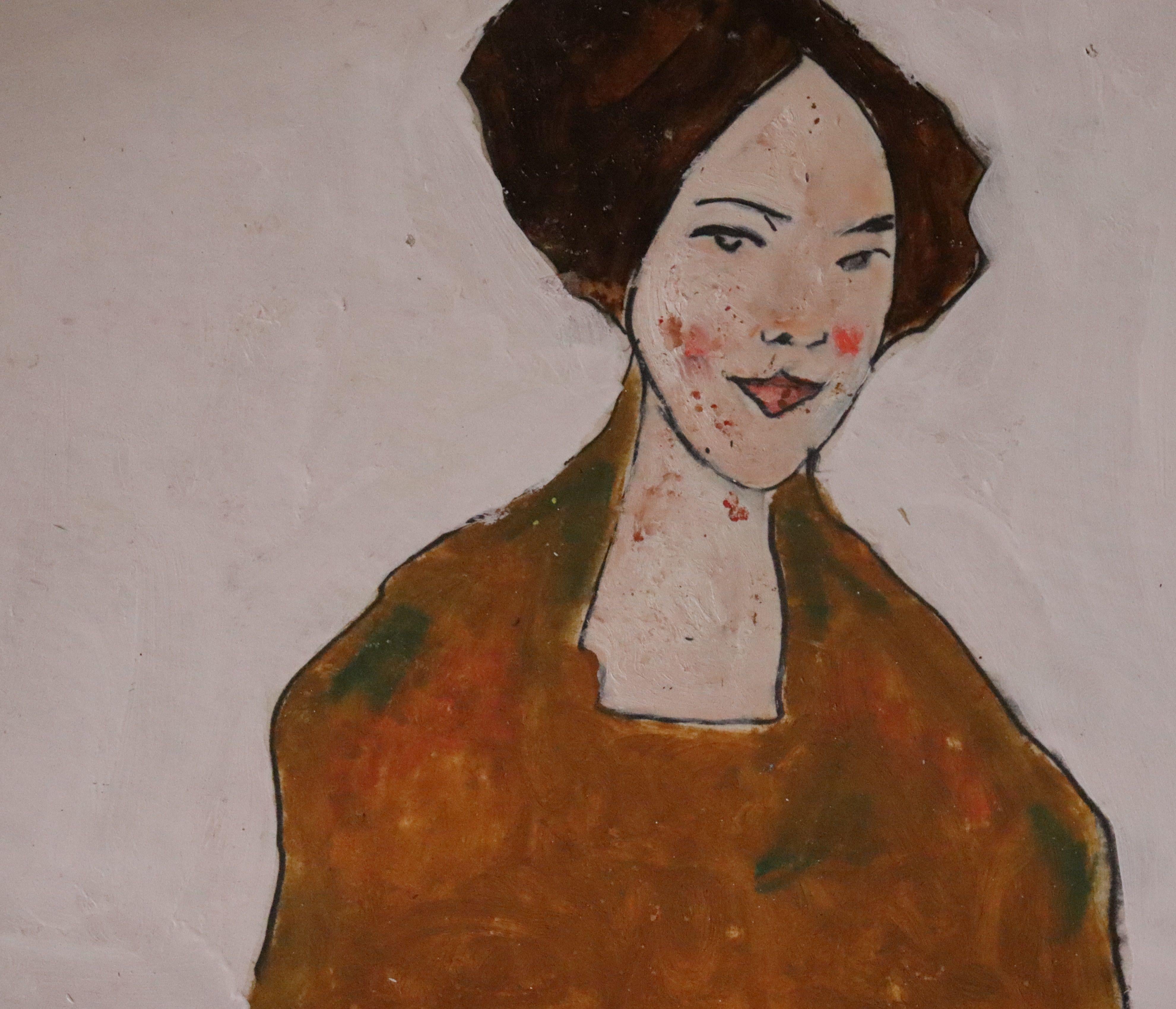 woman with brown hair and coat, Painting, Oil on Paper For Sale 1