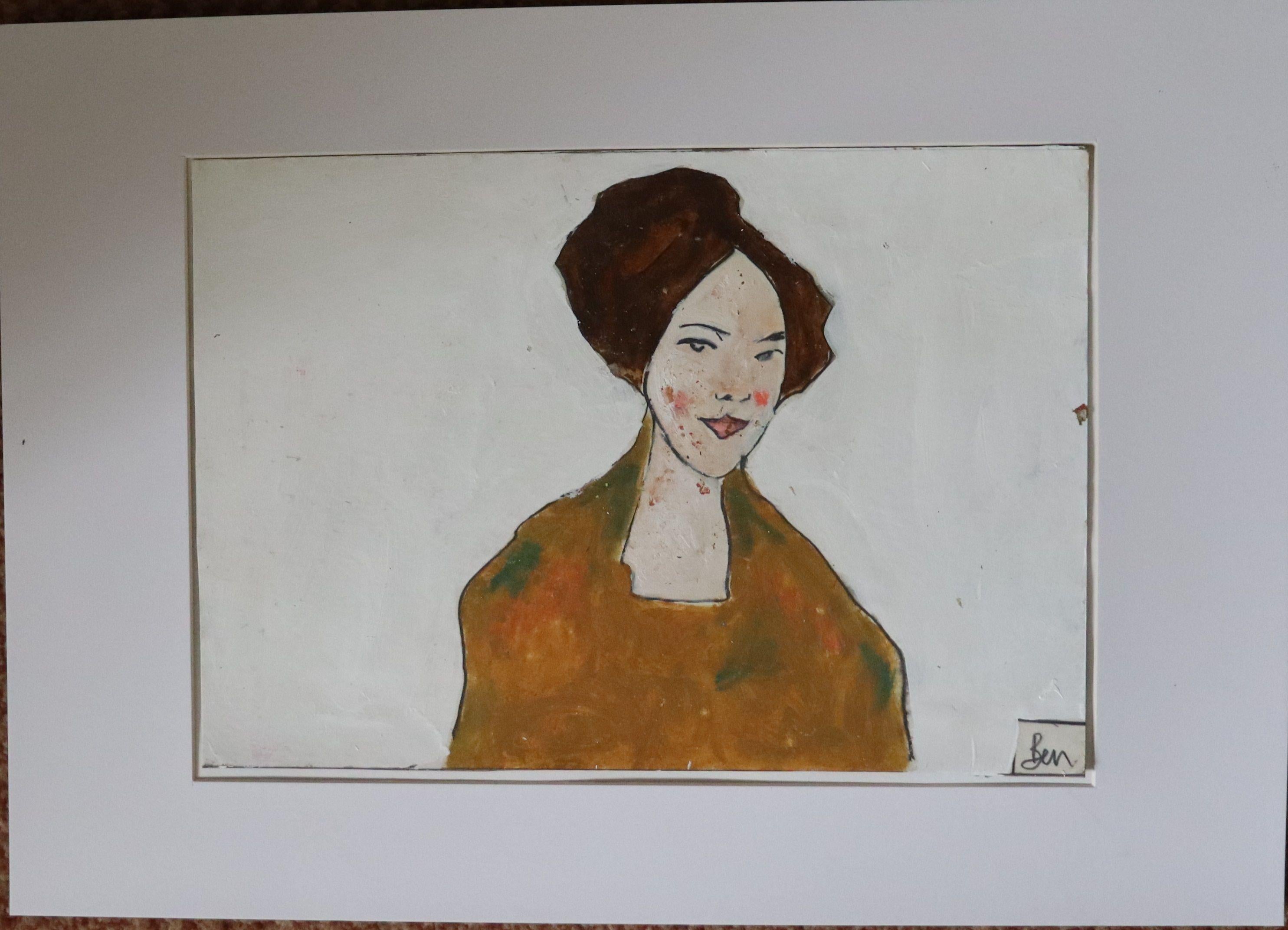 woman with brown hair and coat, Painting, Oil on Paper For Sale 2