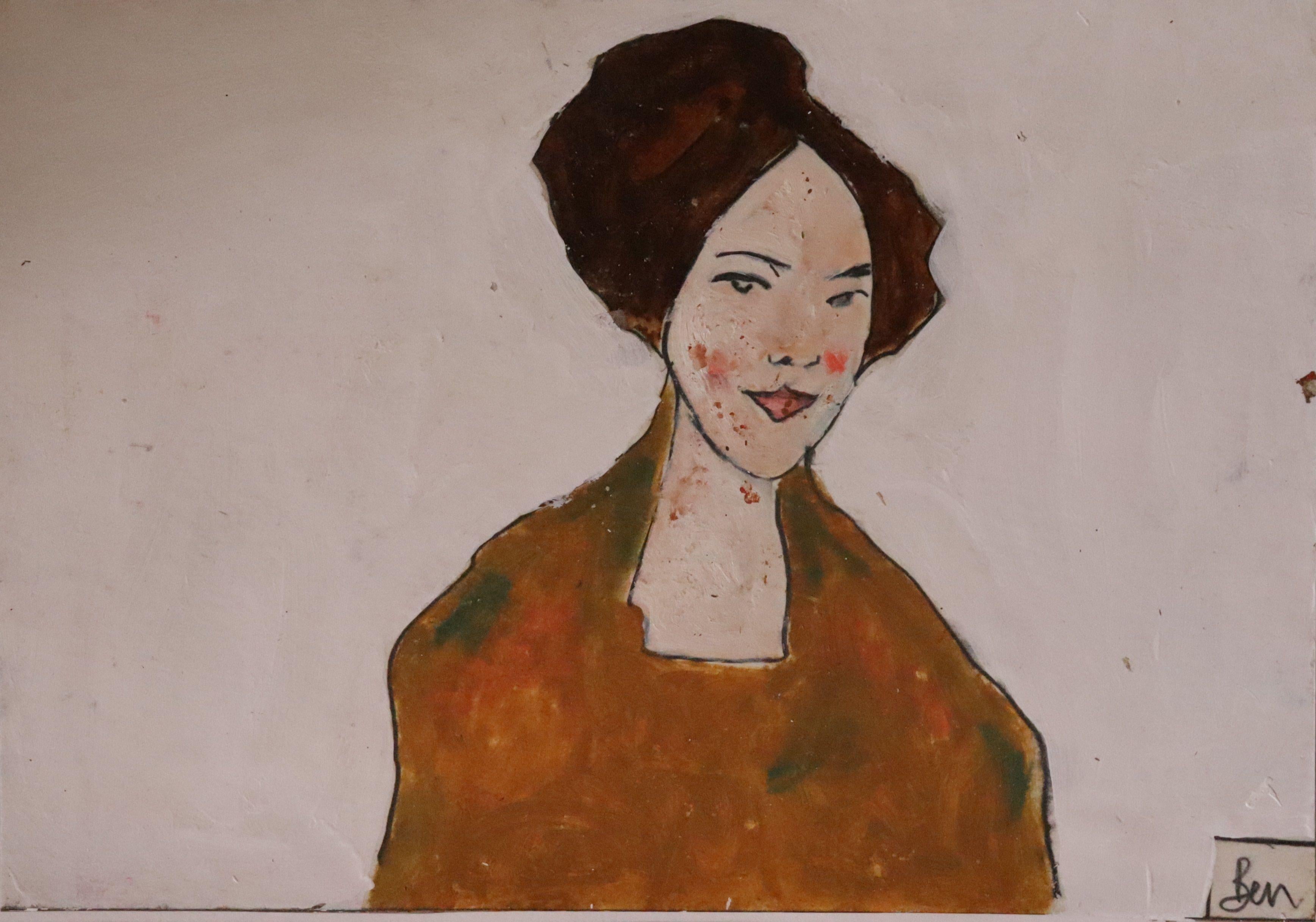 woman with brown hair and coat, Painting, Oil on Paper