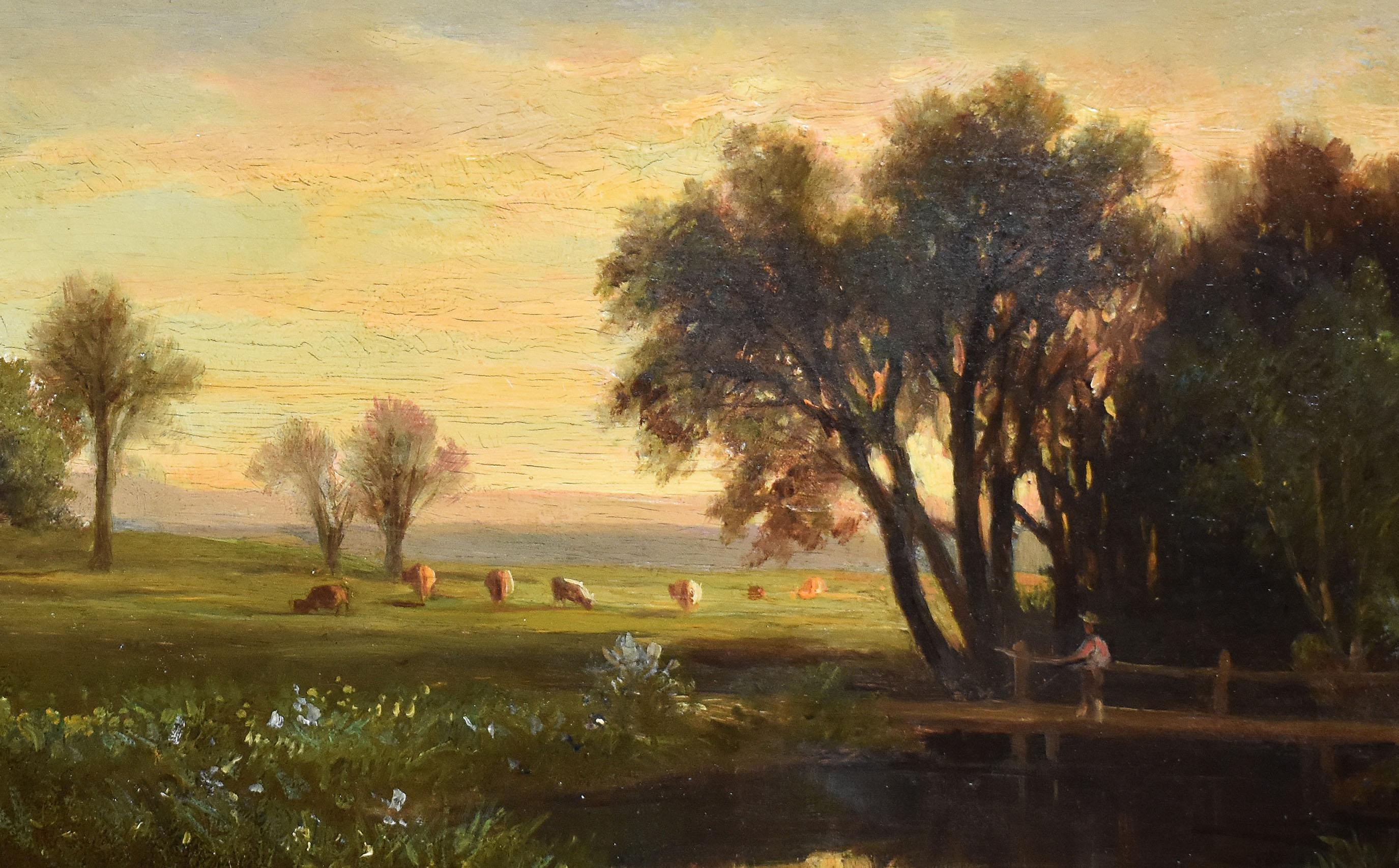 Antique American Hudson River School Landscape Sunset Cows & Figure Oil Painting - Brown Portrait Painting by Benjamin Champney