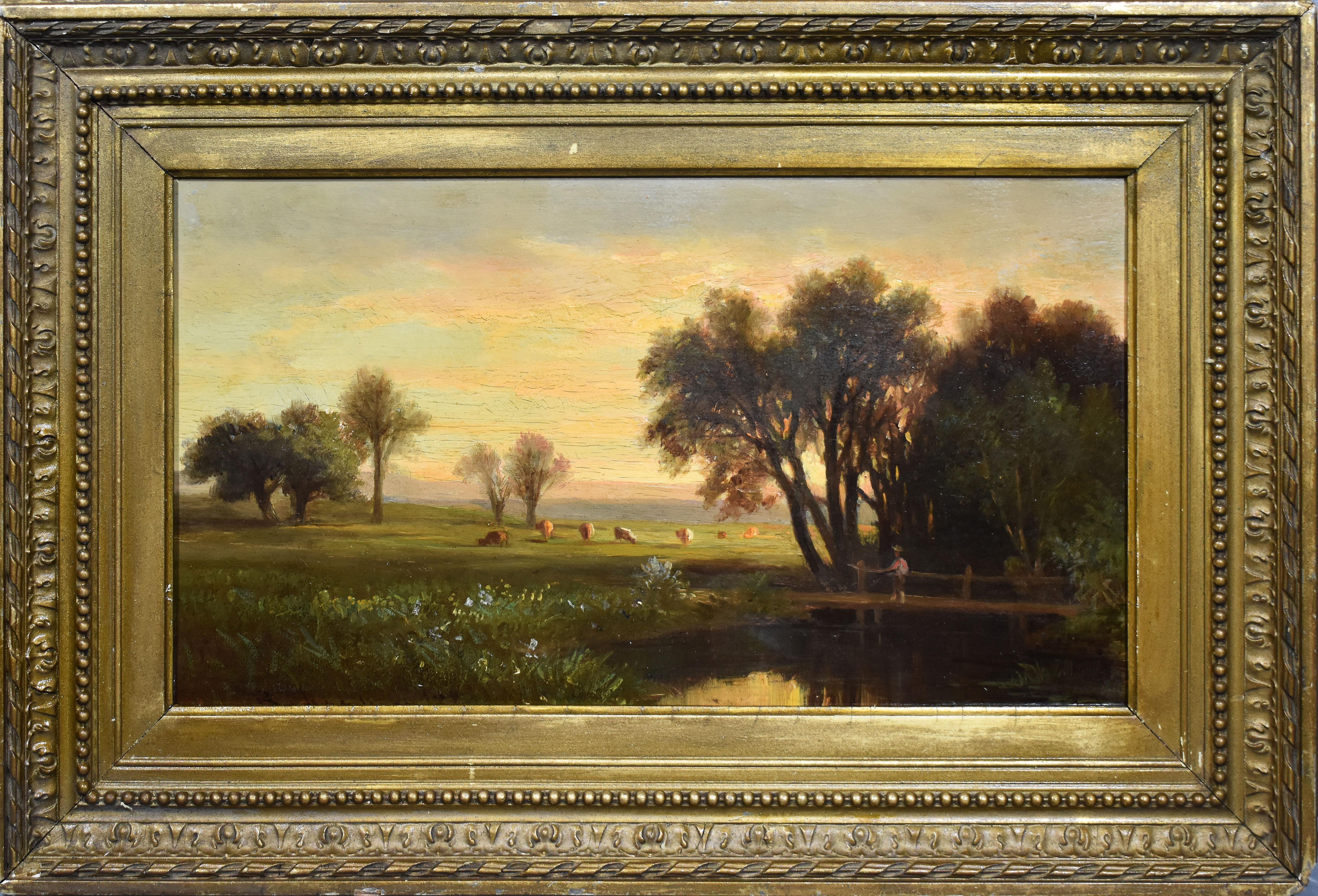 Benjamin Champney Portrait Painting - Antique American Hudson River School Landscape Sunset Cows & Figure Oil Painting