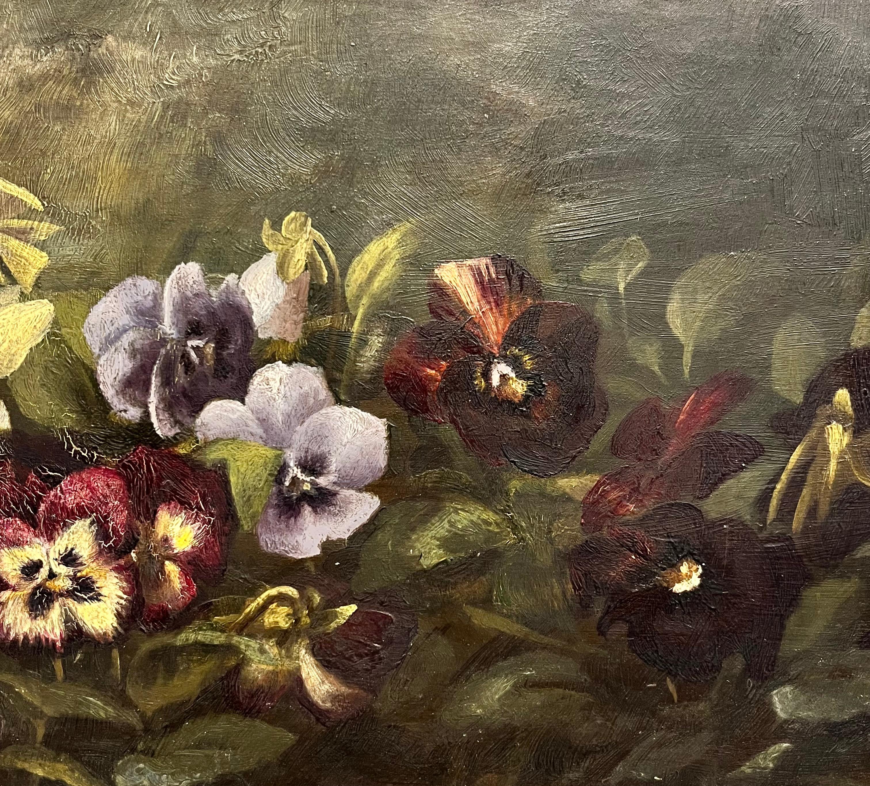 Cette délicate nature morte florale, attribuée à Benjamin Champney, capture un moment calme mais puissant de la nature à travers l'humble pensée. Sur un fond sombre et atmosphérique, les fleurs apparaissent dans un contraste saisissant, leurs tons