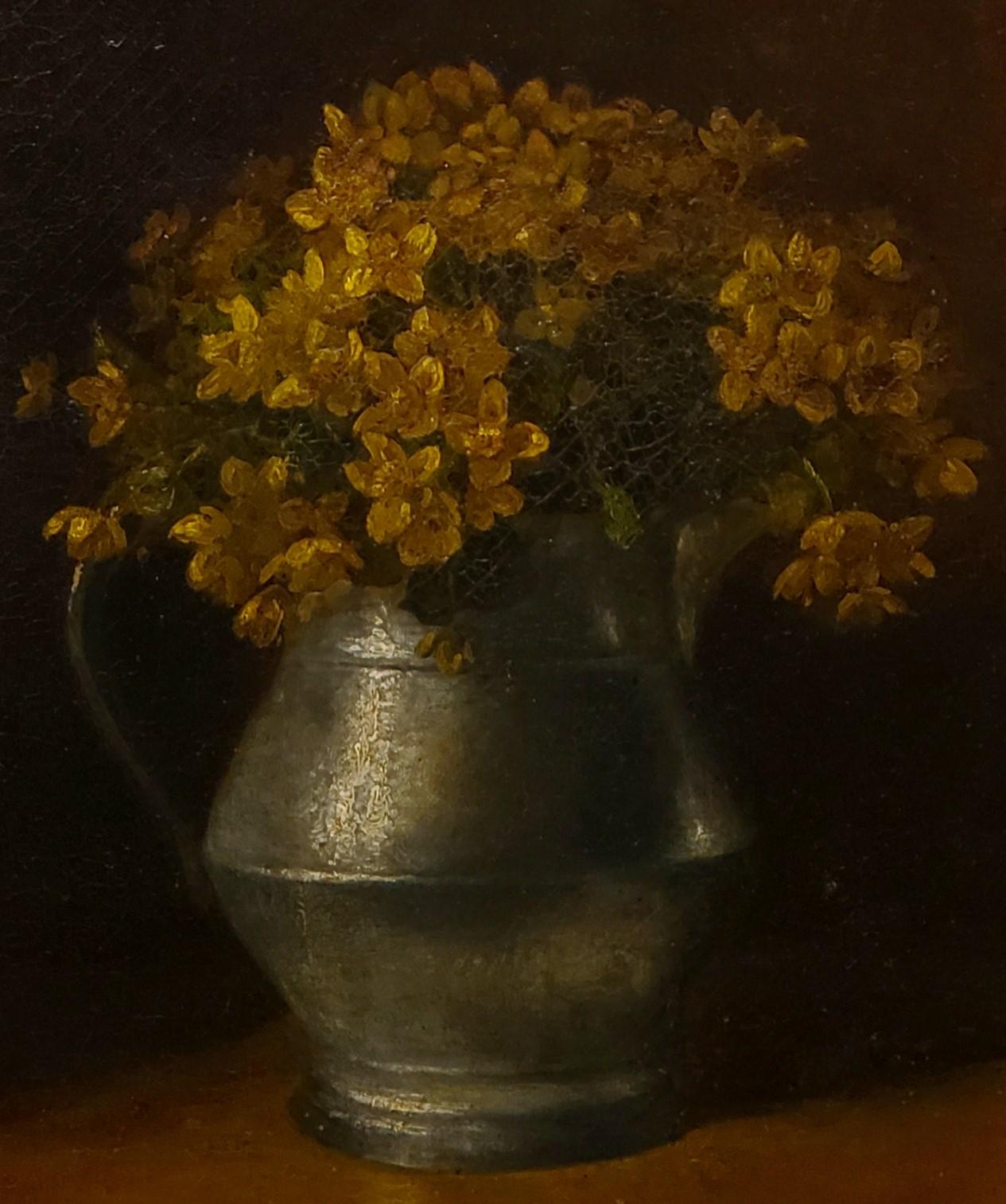 This still life oil painting of yellow flowers in a pewter pot was painted and signed in the lower left corner by Benjamin Champney, who was an American artist who lived between the years of 1817 and 1907. 

This 19th century painting is oil on