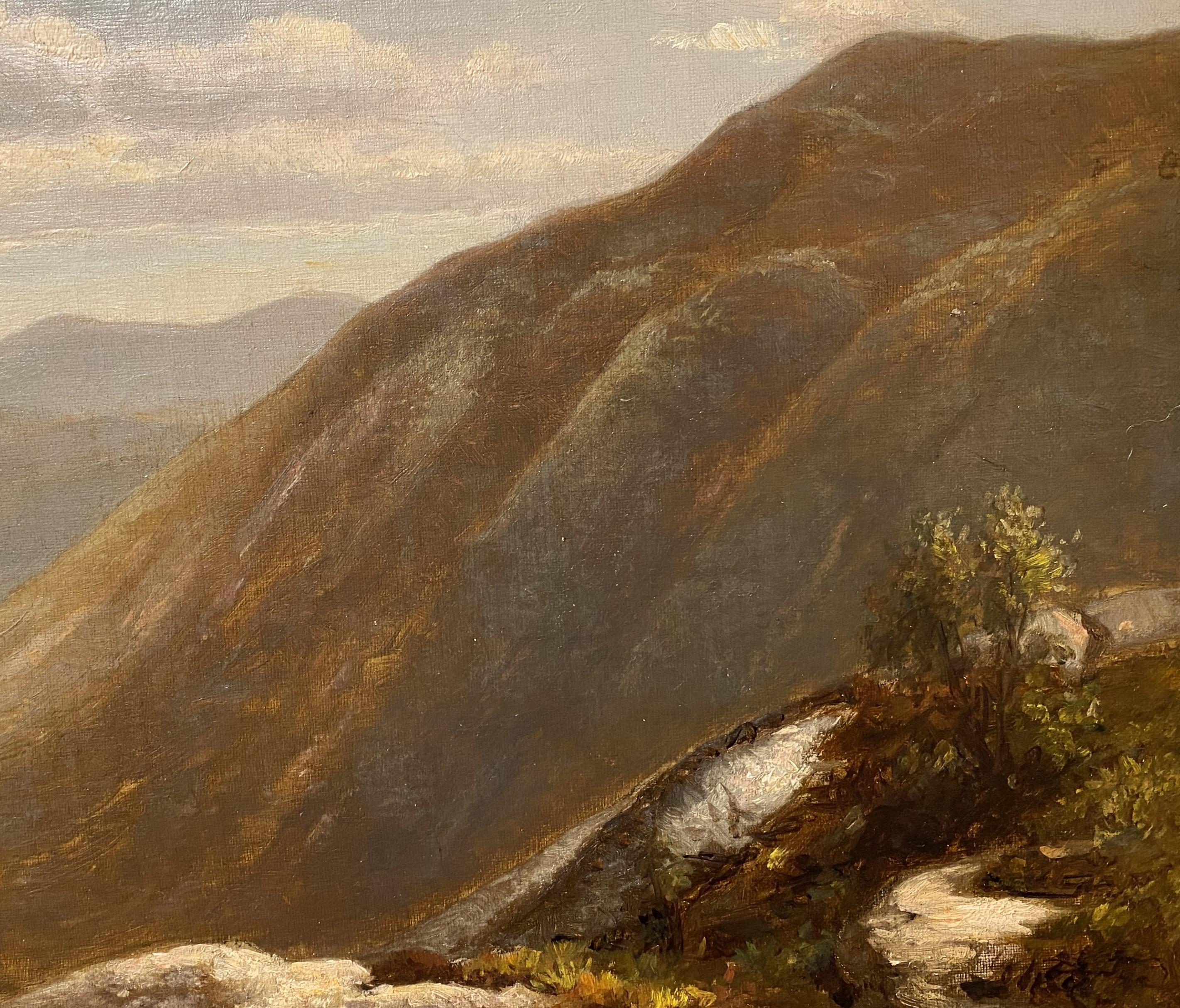 A fine White Mountain landscape oil painting of the view from Mt. Willard towards Crawford Notch by American artist Benjamin Champney (1817-1907). Champney was born in New Ipswich, New Hampshire and began his career as a lithographer in Boston. He