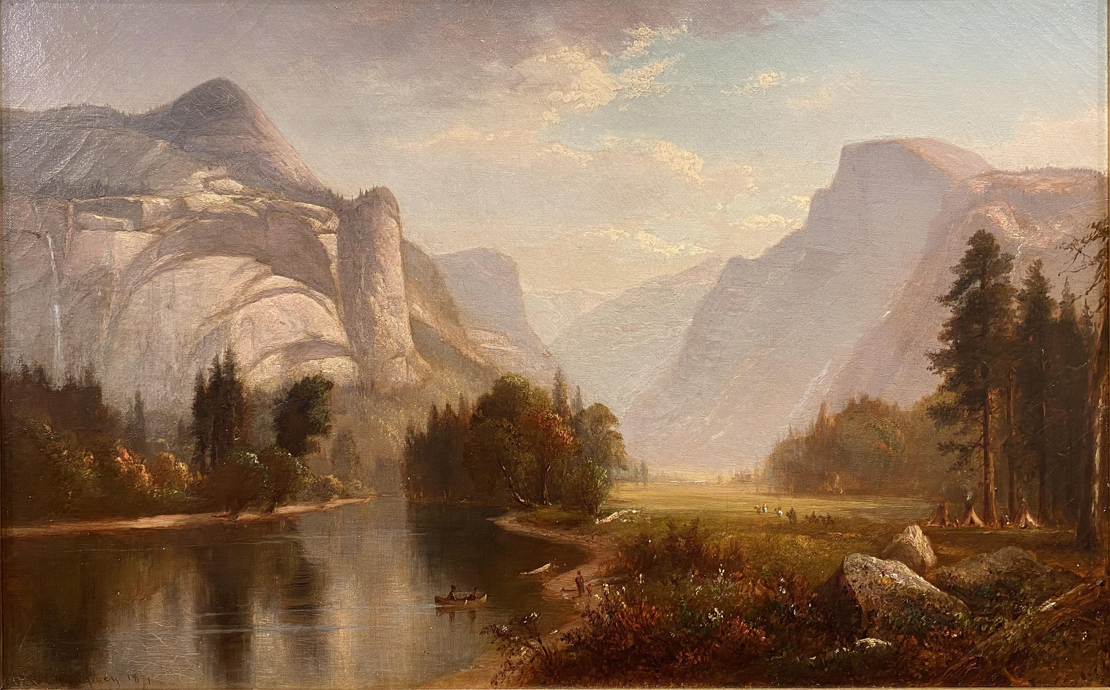 Un paysage majestueux de Yosemite en Californie par l'Américain  l'artiste Benjamin Champney (1817-1907). Champney est né à New Ipswich, dans le New Hampshire, et a commencé sa carrière comme lithographe à Boston. Il est ensuite parti étudier en