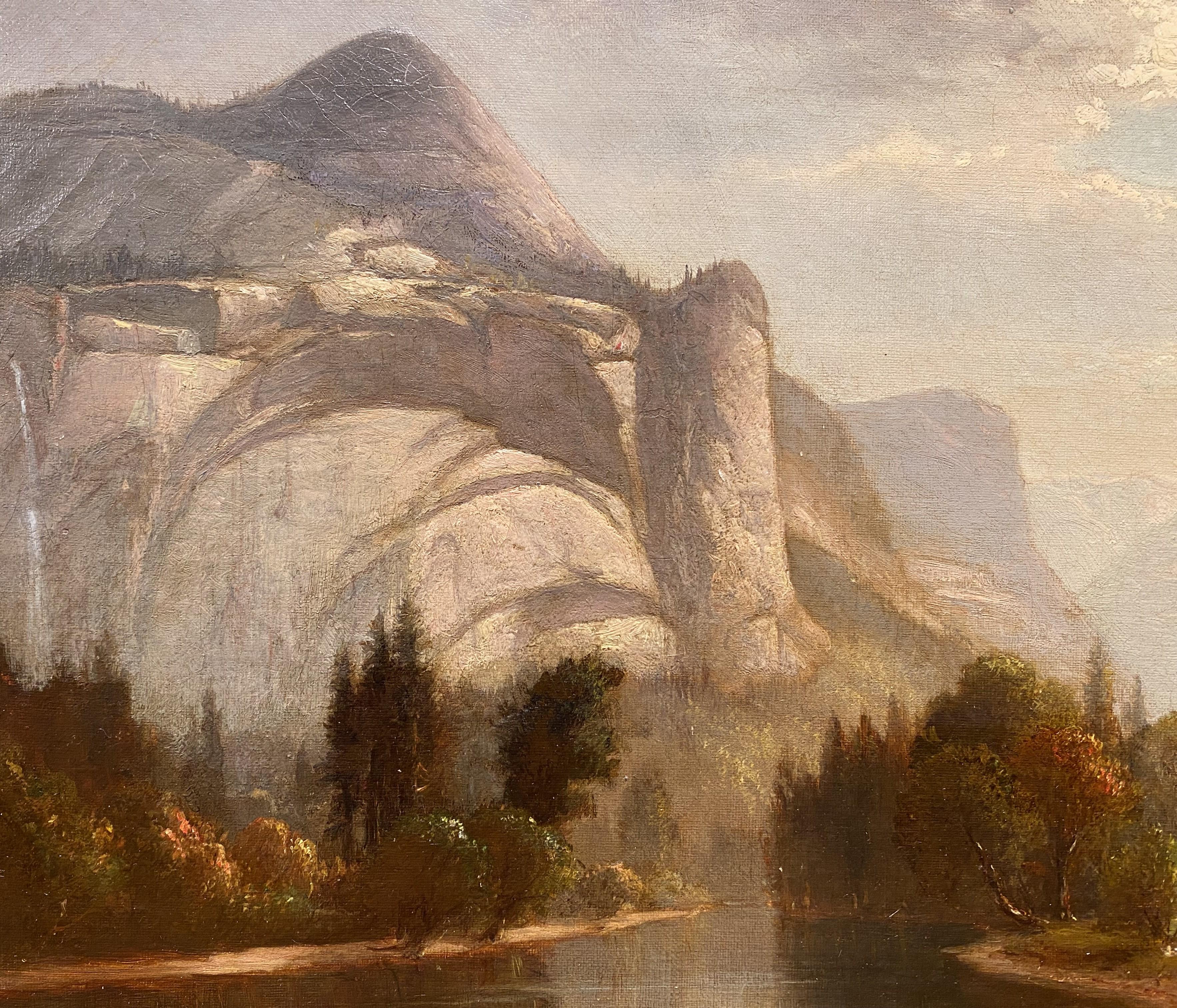 A majestic landscape of Yosemite in California by American  artist Benjamin Champney (1817-1907). Champney was born in New Ipswich, New Hampshire and began his career as a lithographer in Boston. He then went to study in Europe, with his artist