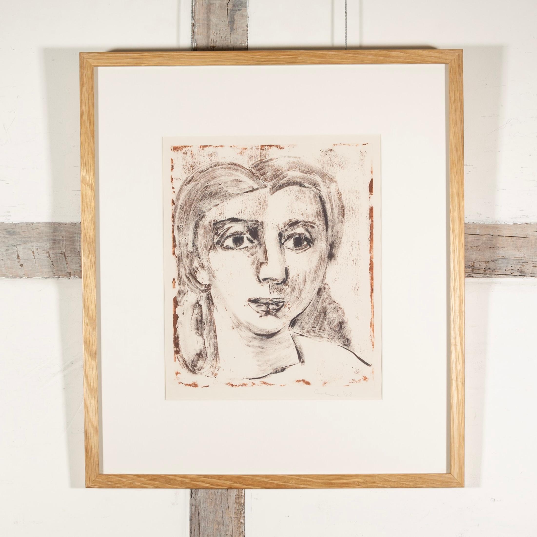 Head of a Girl - 20th Century Portrait Print, White, Grey and Red For Sale 1