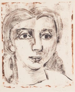 Cabeza de niña - Grabado Retrato Siglo XX, Blanco, Gris y Rojo