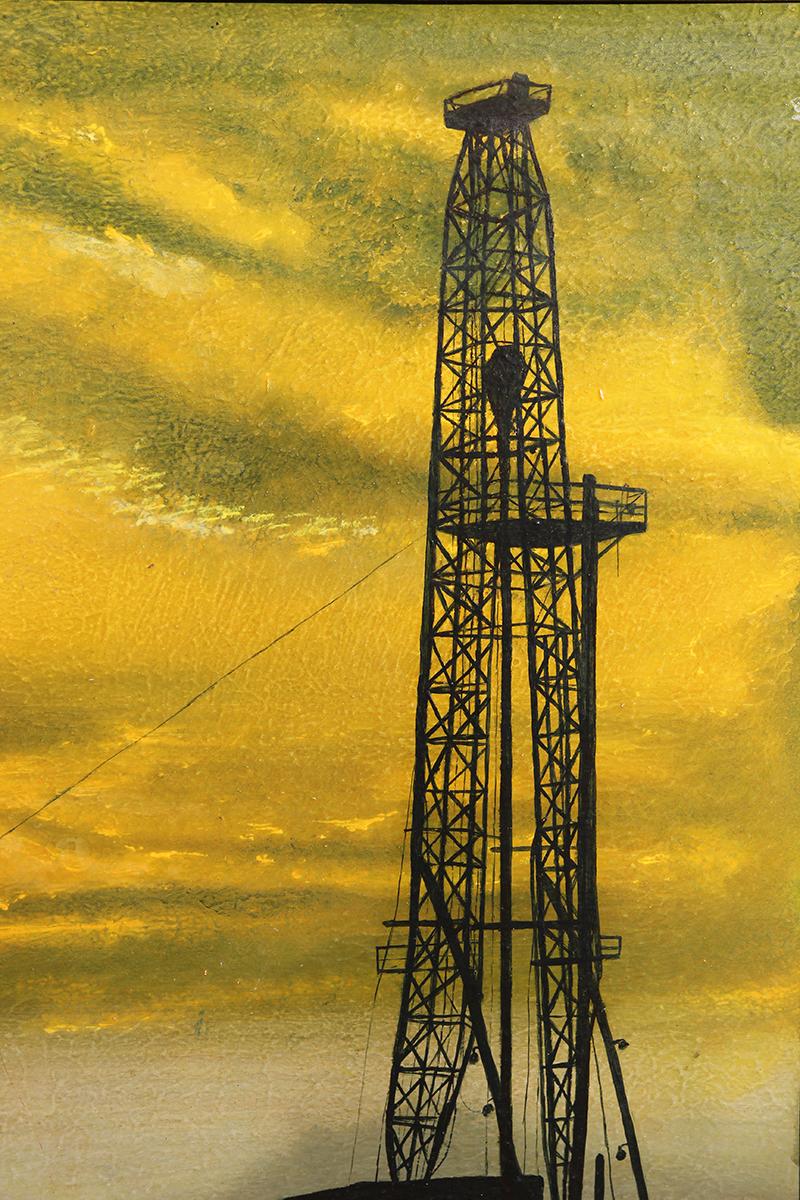 Green and Yellow Texas Oil Plant Sunset Silhouette Painting 5