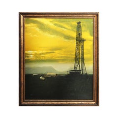 Green and Yellow Texas Oil Plant Sunset Silhouette Painting