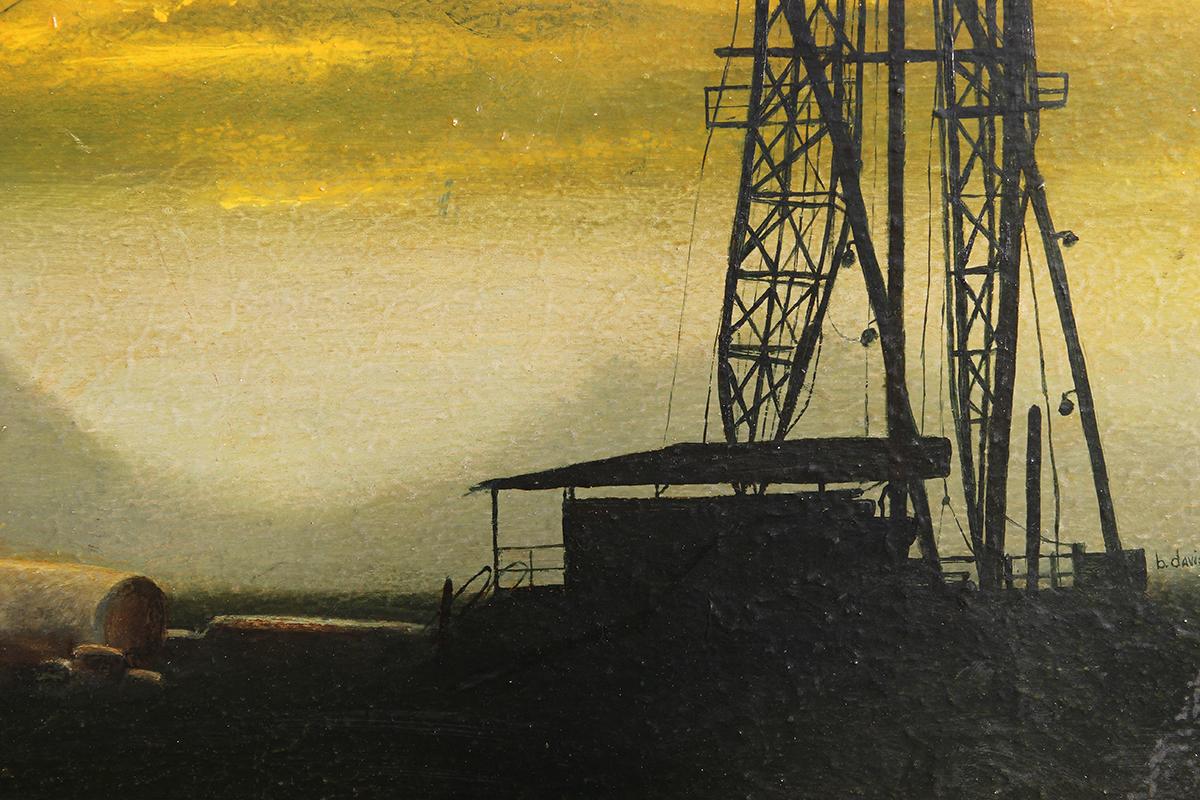 Green and Yellow Texas Oil Plant Sunset Silhouette Painting 3