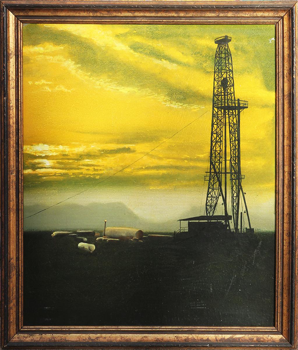 Benjamin Davis Landscape Painting - Green and Yellow Texas Oil Plant Sunset Silhouette Painting