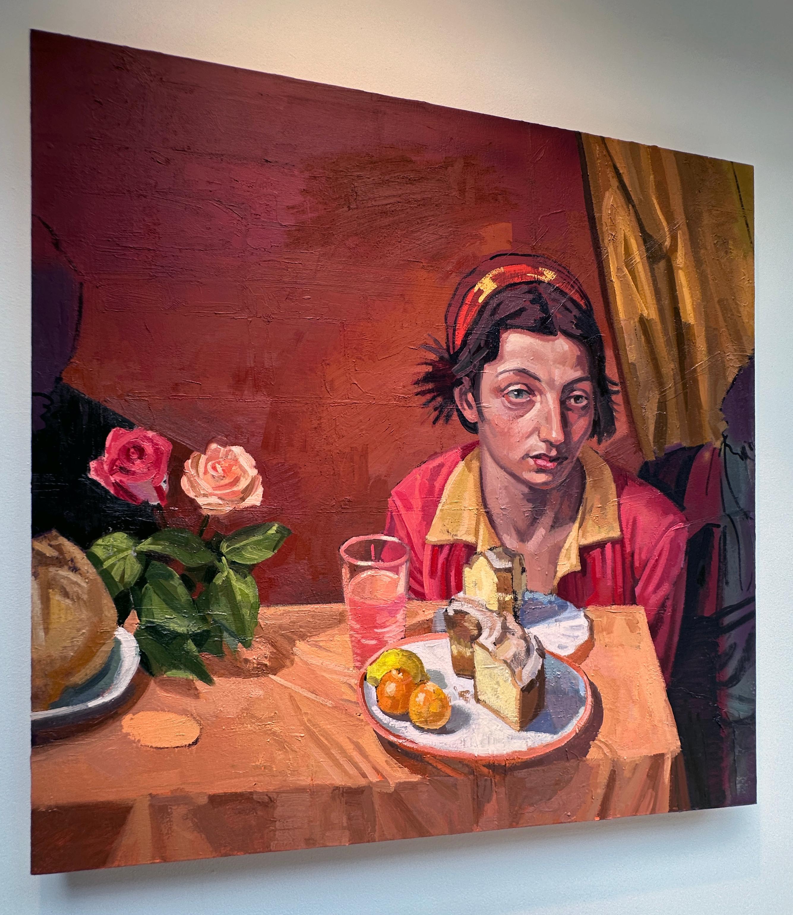 Torta - Scena di interni, figura singola che mangia una Bundt Cake, sfumature di arancione e rosso - Painting Contemporaneo di Benjamin Duke