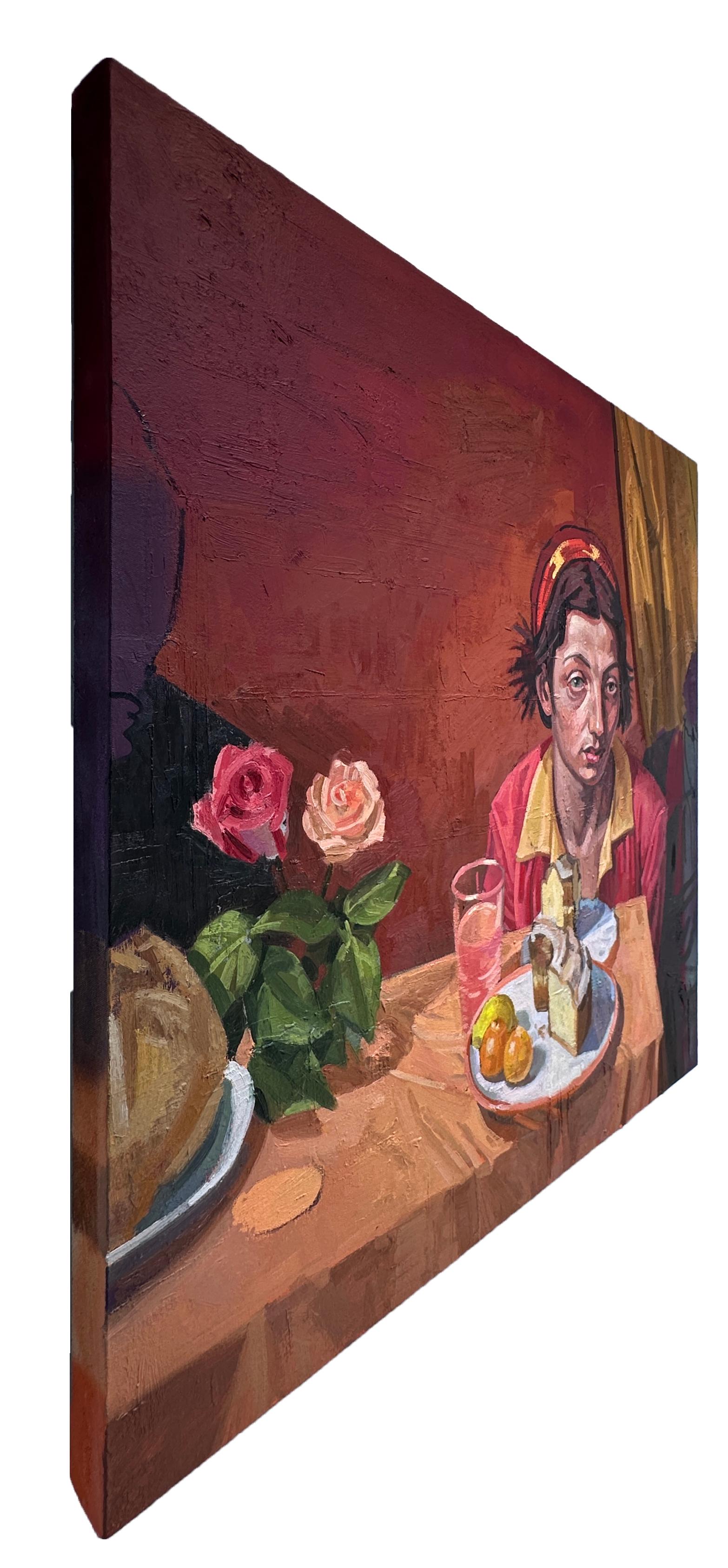Torta - Scena di interni, figura singola che mangia una Bundt Cake, sfumature di arancione e rosso - Figurative Painting Marrone di Benjamin Duke