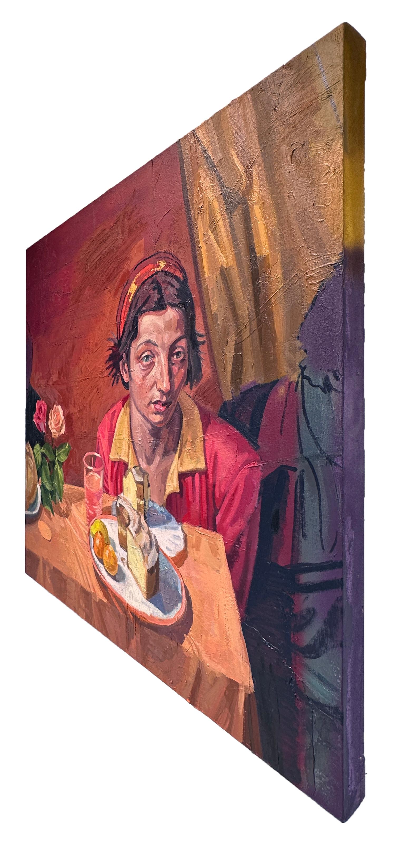 Torta - Scena di interni, figura singola che mangia una Bundt Cake, sfumature di arancione e rosso in vendita 3