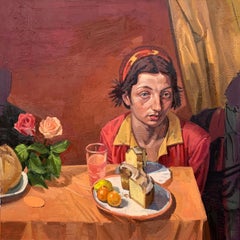 Cake - Interior Scene, Single Figure Eating a Bundt Cake, Shades of Orange & Red