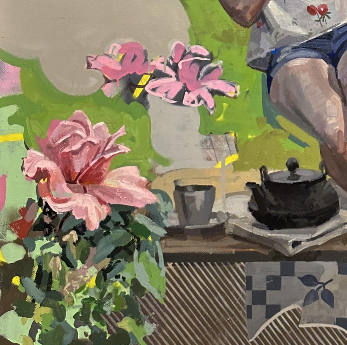 Huile sur toile originale, « E - Bright Colors, Woman, Dog, Flowers and Buildings » 3