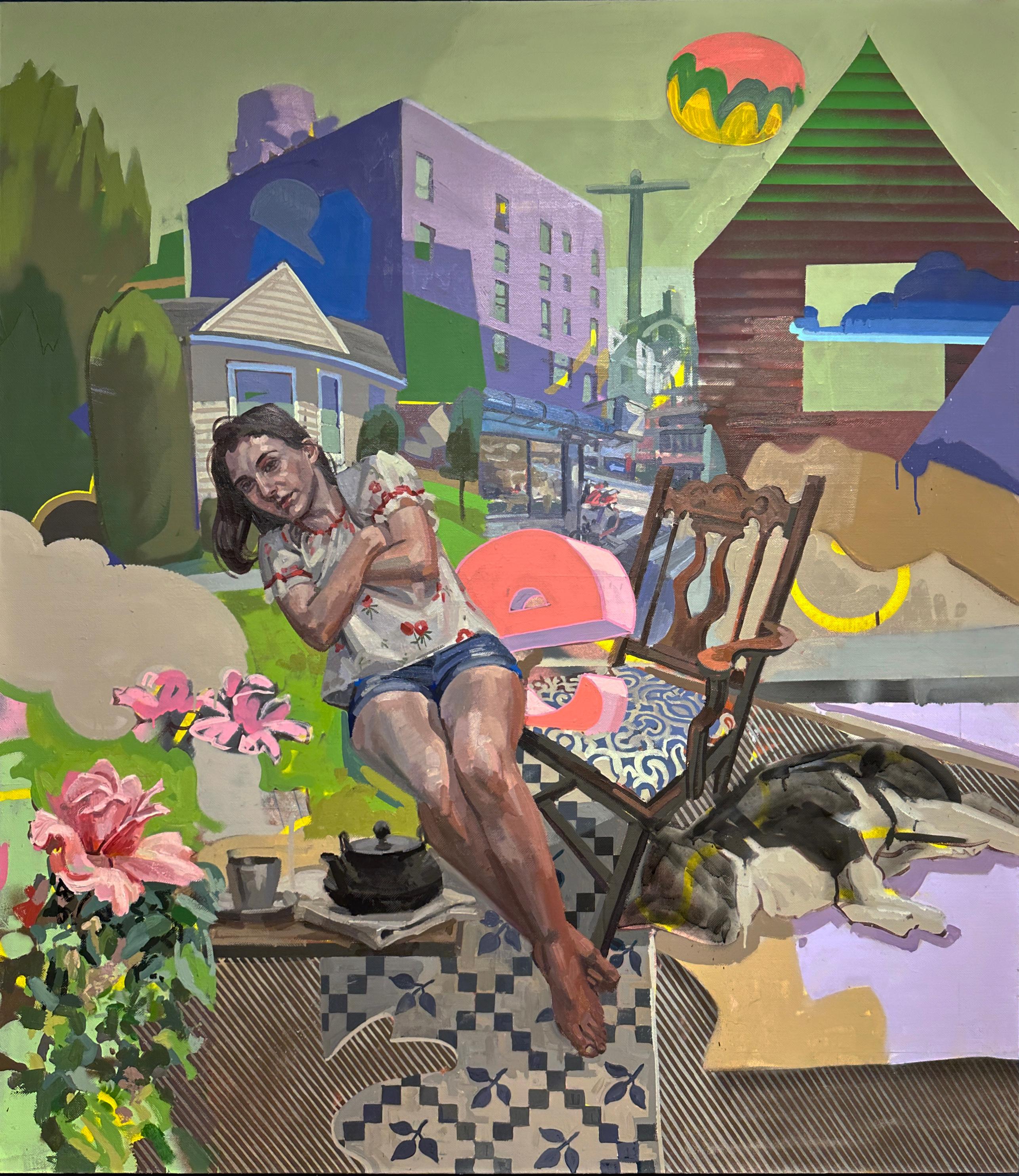 Huile sur toile originale, « E - Bright Colors, Woman, Dog, Flowers and Buildings »