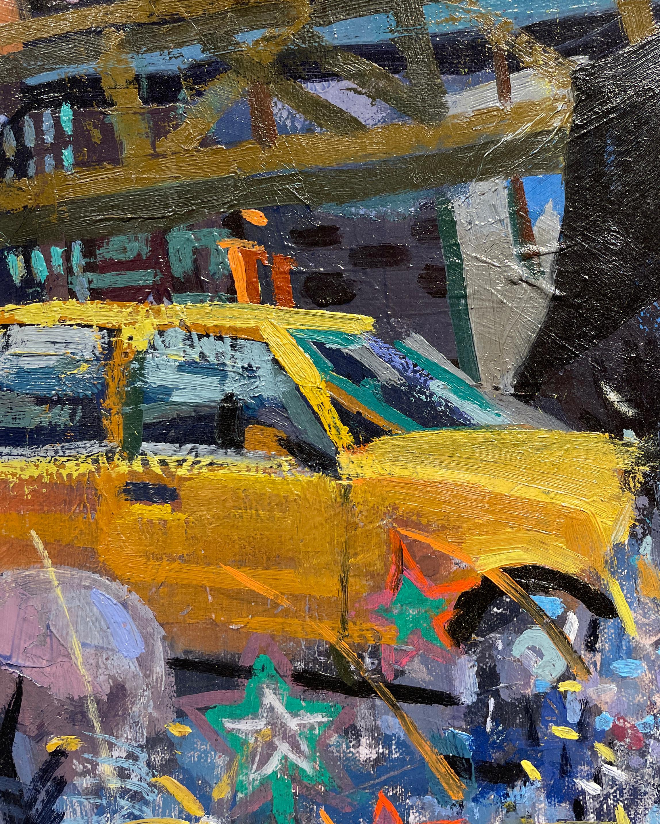 Home Again, Home Again, Urban Setting with Female, Umbrella & Taxi Cab, Original - Contemporary Painting by Benjamin Duke