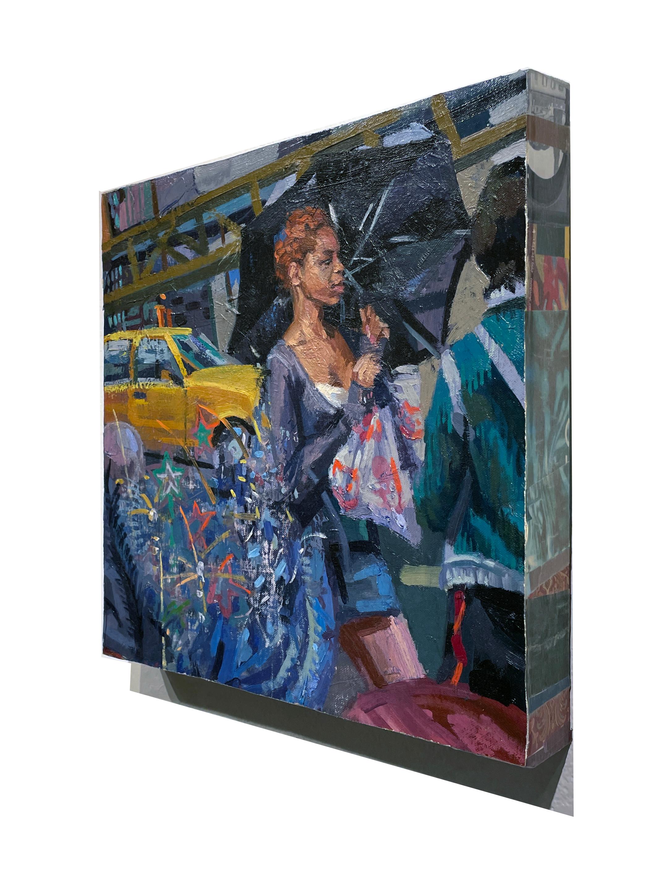 This colorful scene depicts a woman with an umbrella in the midst of a chaotic urban setting.  The foreground is abstracted to include colorful objects blurring the scene.  This mixed media painting has ephemeral pieces covering the edges so there