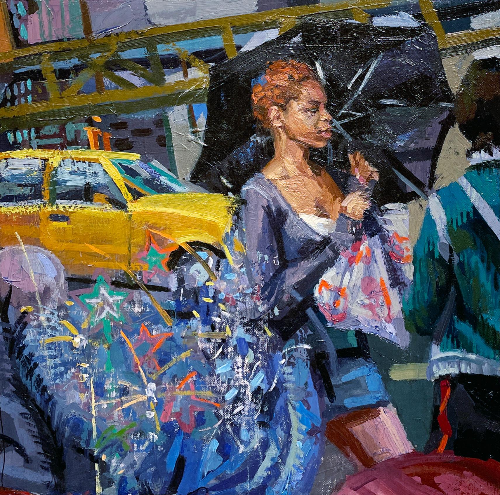 Benjamin Duke Figurative Painting - Home Again, Home Again, Urban Setting with Female, Umbrella & Taxi Cab, Original