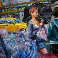 Home Again, Home Again, Urban Setting with Female, Umbrella & Taxi Cab, Original