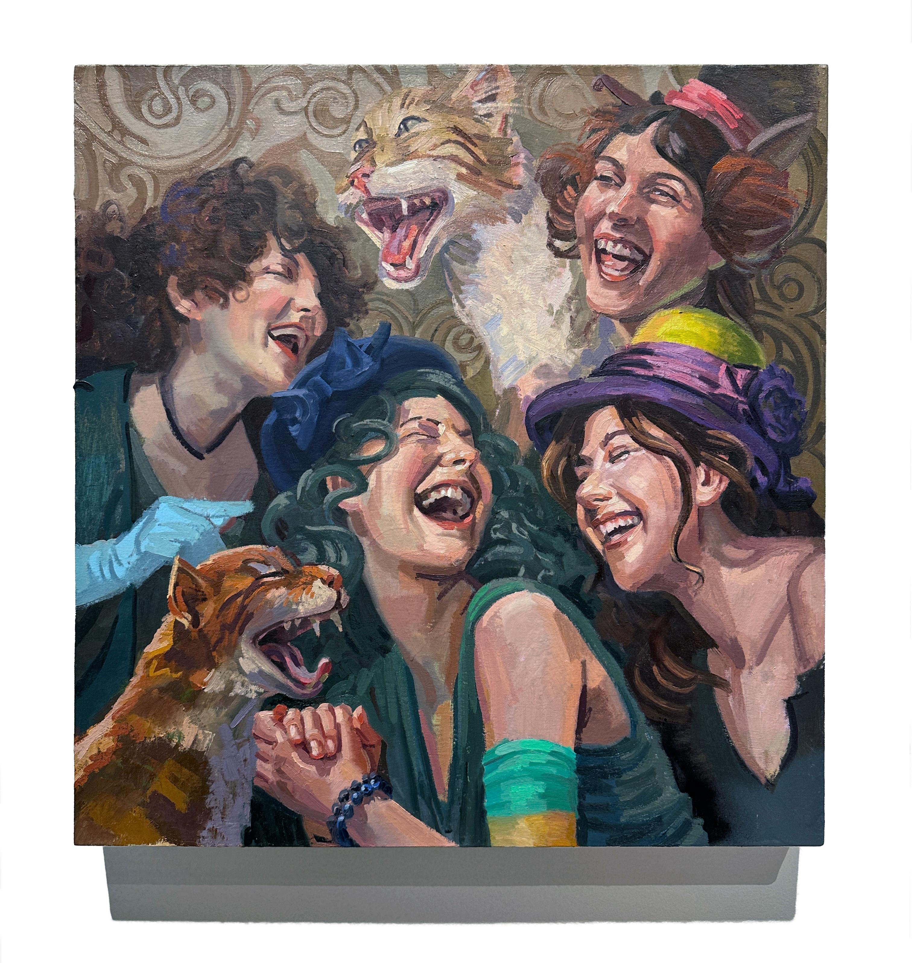 Hysterical Kats - Szene mit lachenden Katzen und gut gekleideten Frauen, Original Öl im Angebot 6